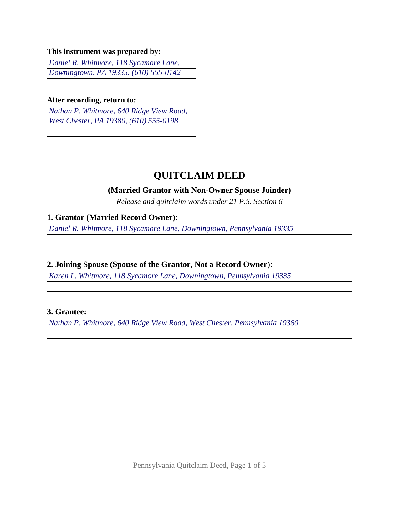 Greene County Completed Example of the Quitclaim Deed (Married Grantor with Non-Owner Spouse Joinder) Document