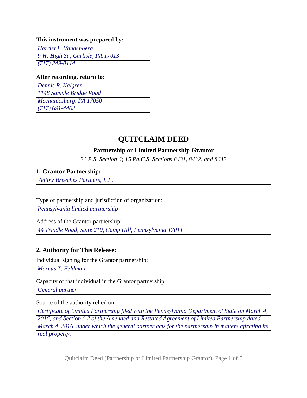 Wayne County Completed Example of the Quitclaim Deed (Partnership or Limited Partnership Grantor) Document