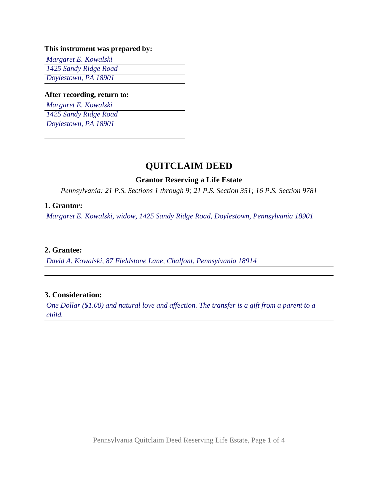 Butler County Completed Example of the Quitclaim Deed (Reserving Life Estate) Document
