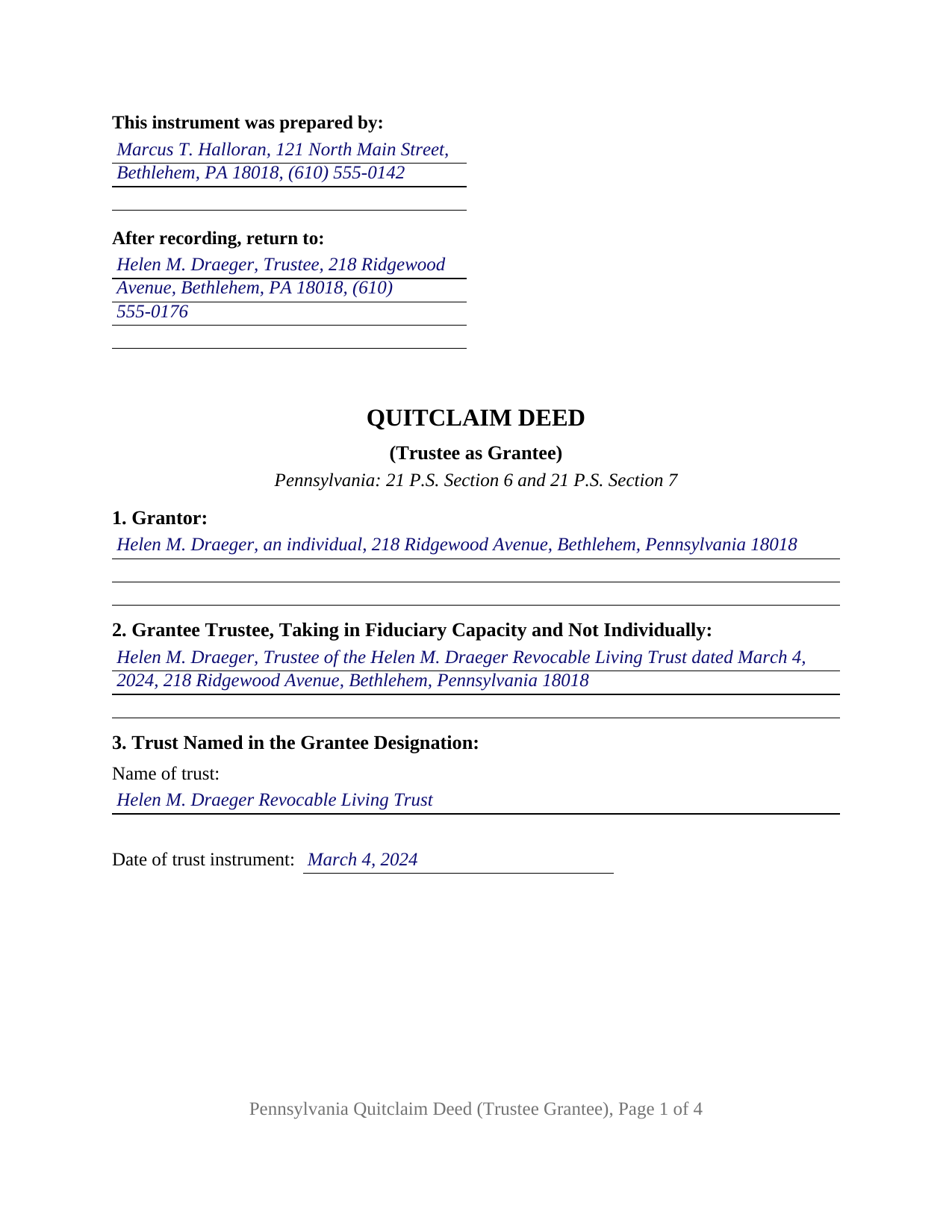 Juniata County Completed Example of the Quitclaim Deed (Trustee Grantee) Document