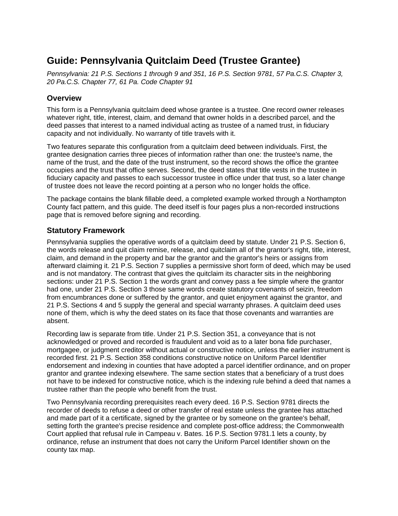 Juniata County Quitclaim Deed (Trustee Grantee) Guide