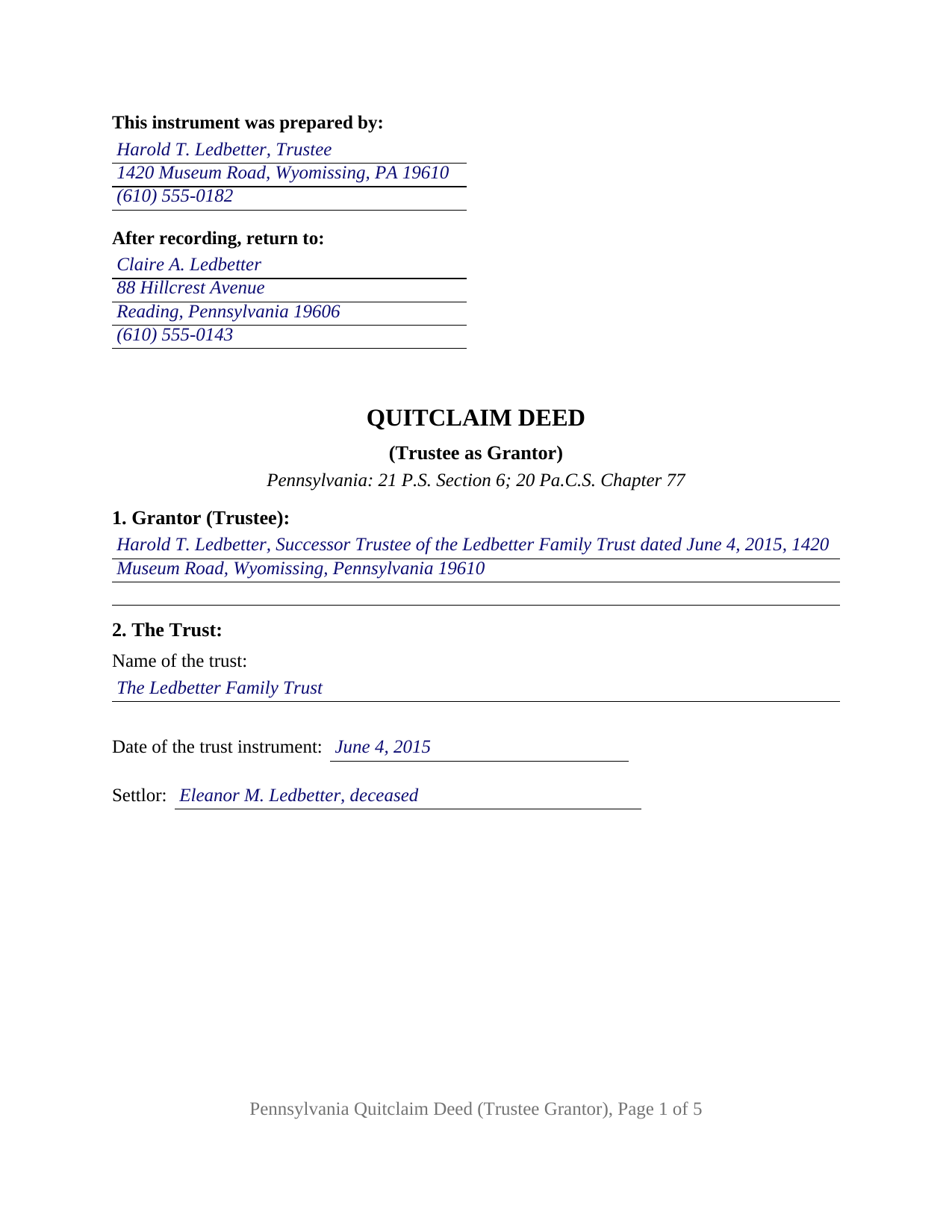 Mercer County Completed Example of the Quitclaim Deed (Trustee Grantor) Document