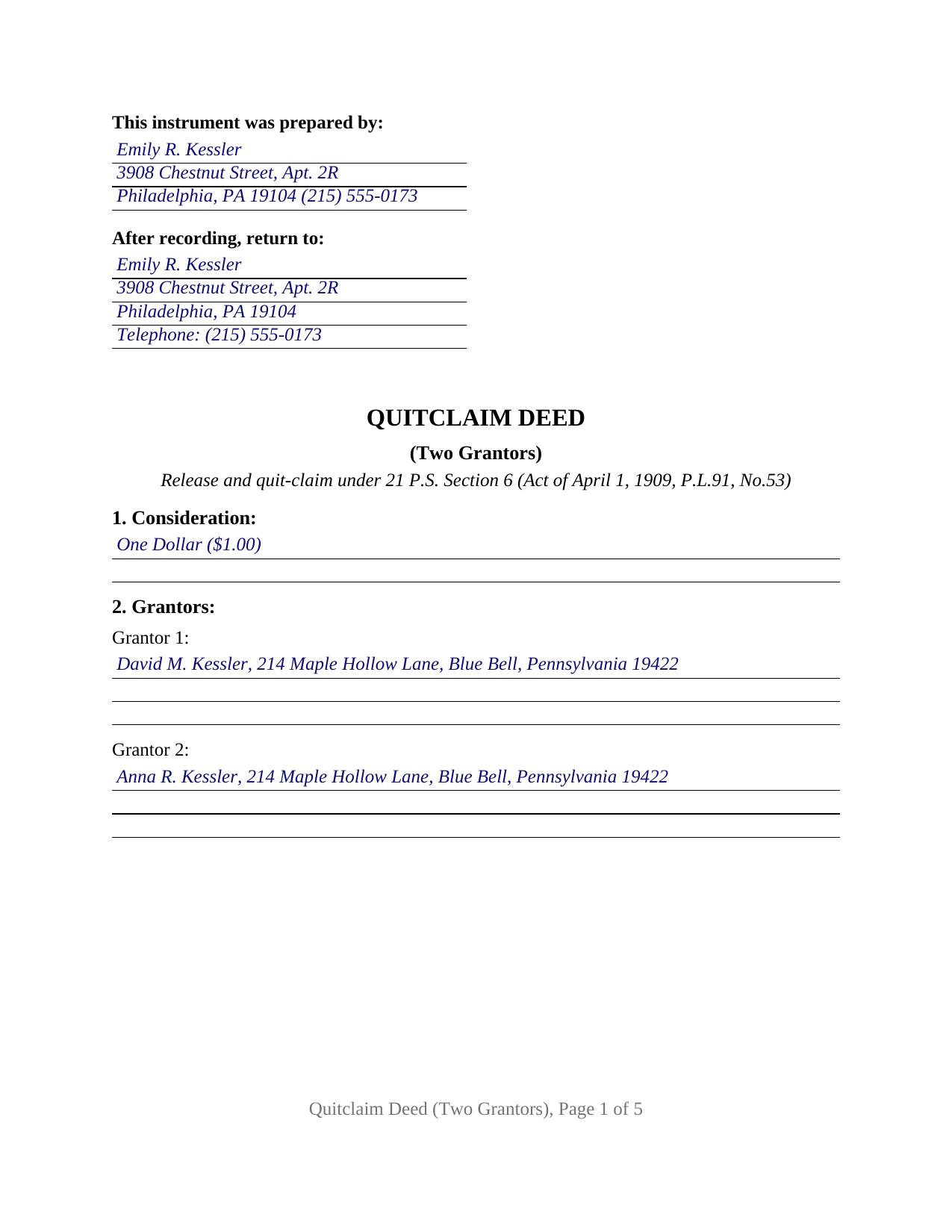 Sullivan County Completed Example of the Quitclaim Deed (Two Grantors) Document