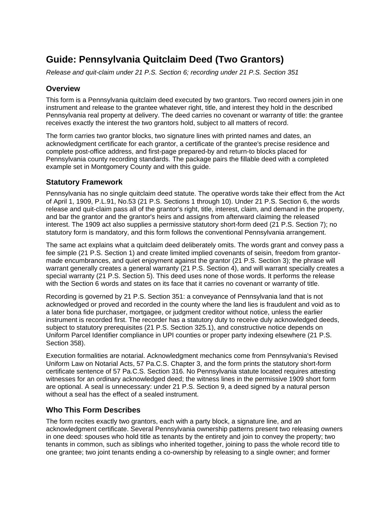 Sullivan County Quitclaim Deed (Two Grantors) Guide
