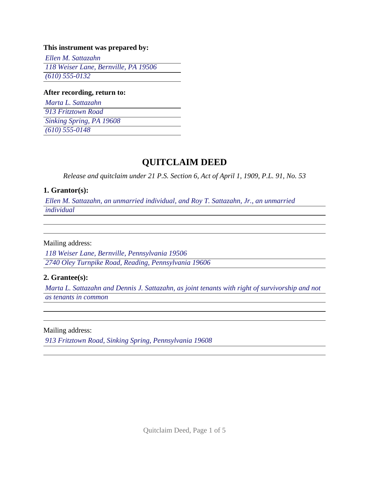Montour County Completed Example of the Quitclaim Deed Document