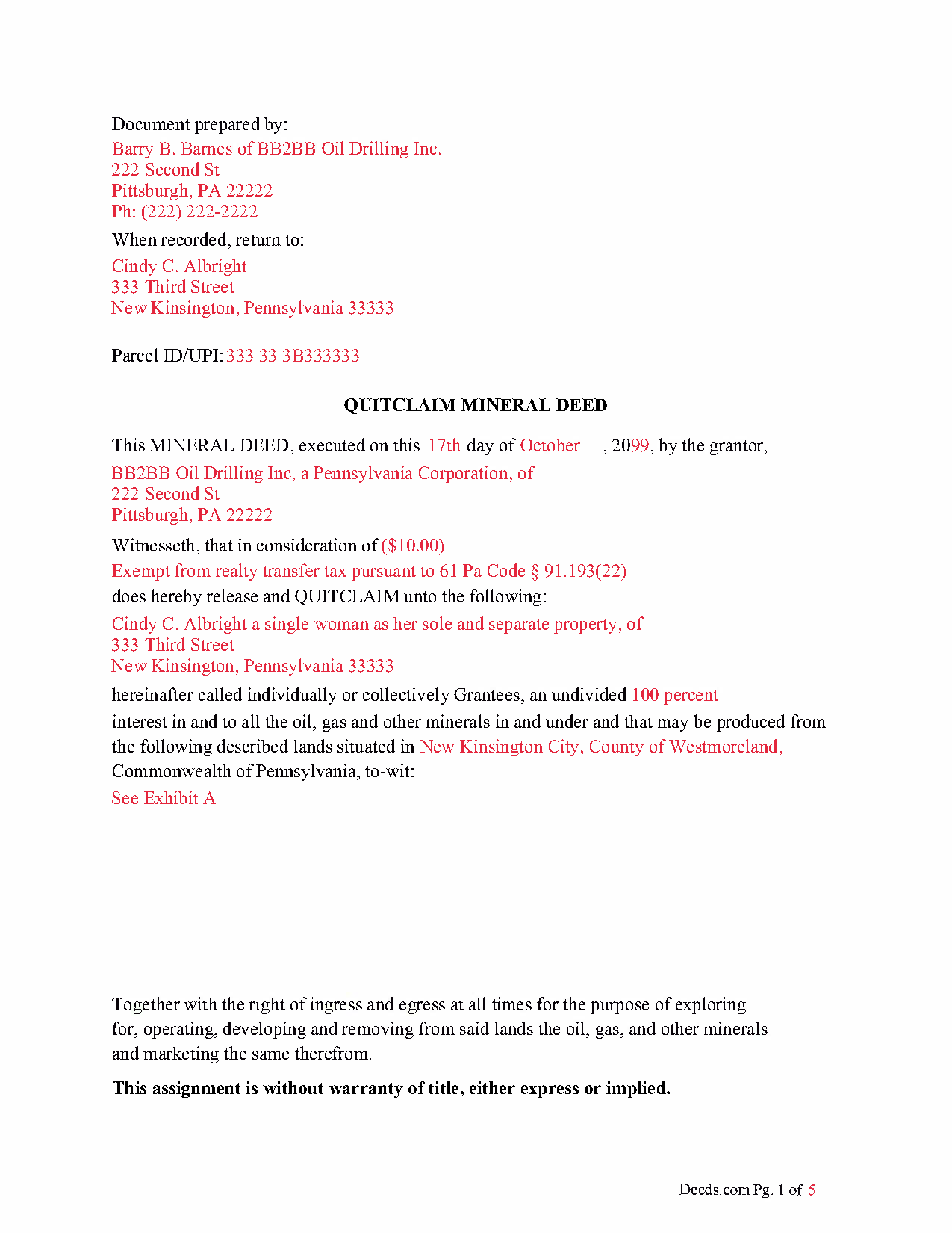 Completed Example of the Quitclaim Mineral Deed Document