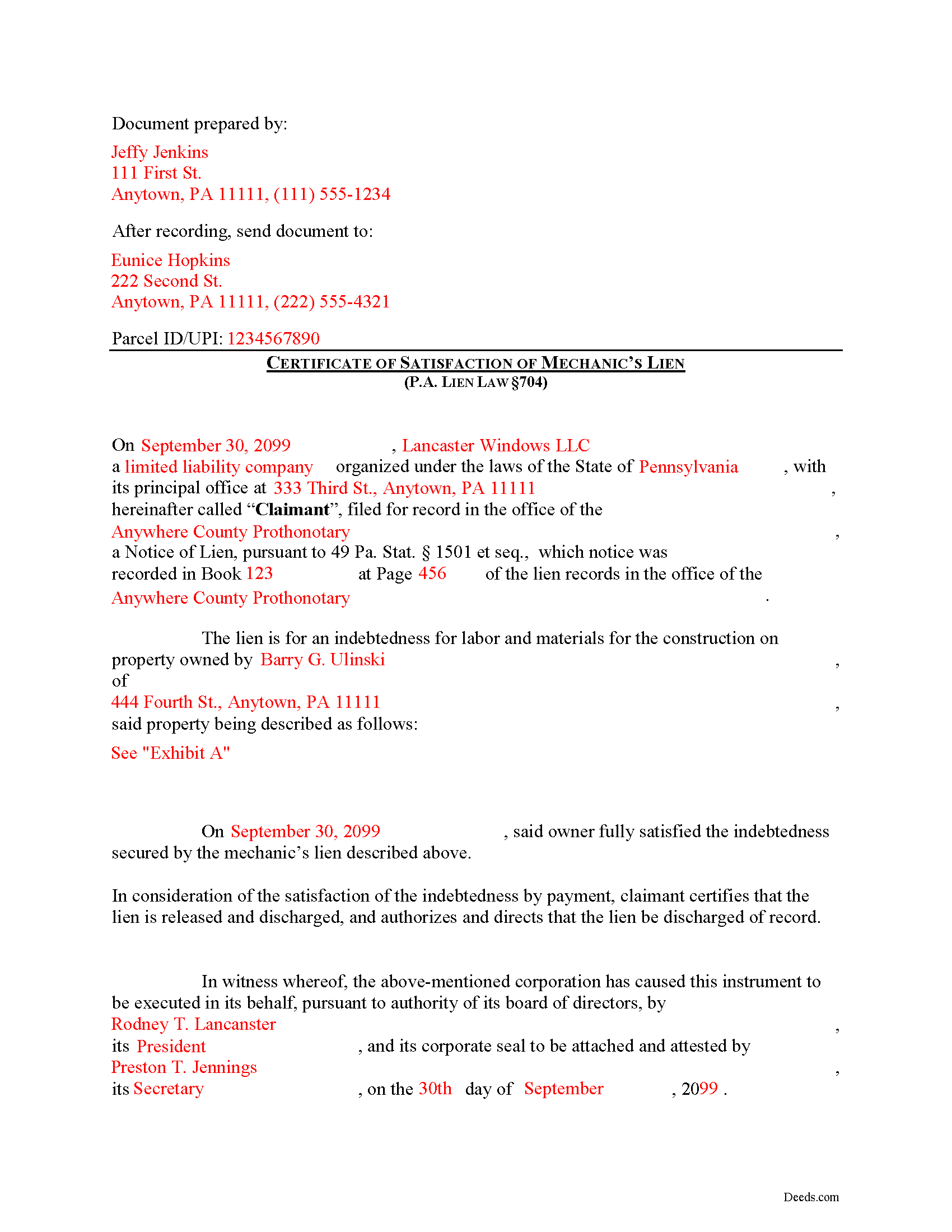 Completed Example of the Satisfaction of Lien Document