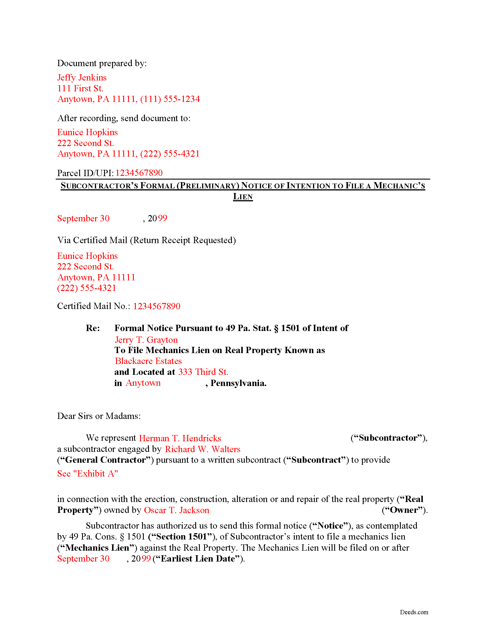 Completed Example of the Preliminary Notice Document