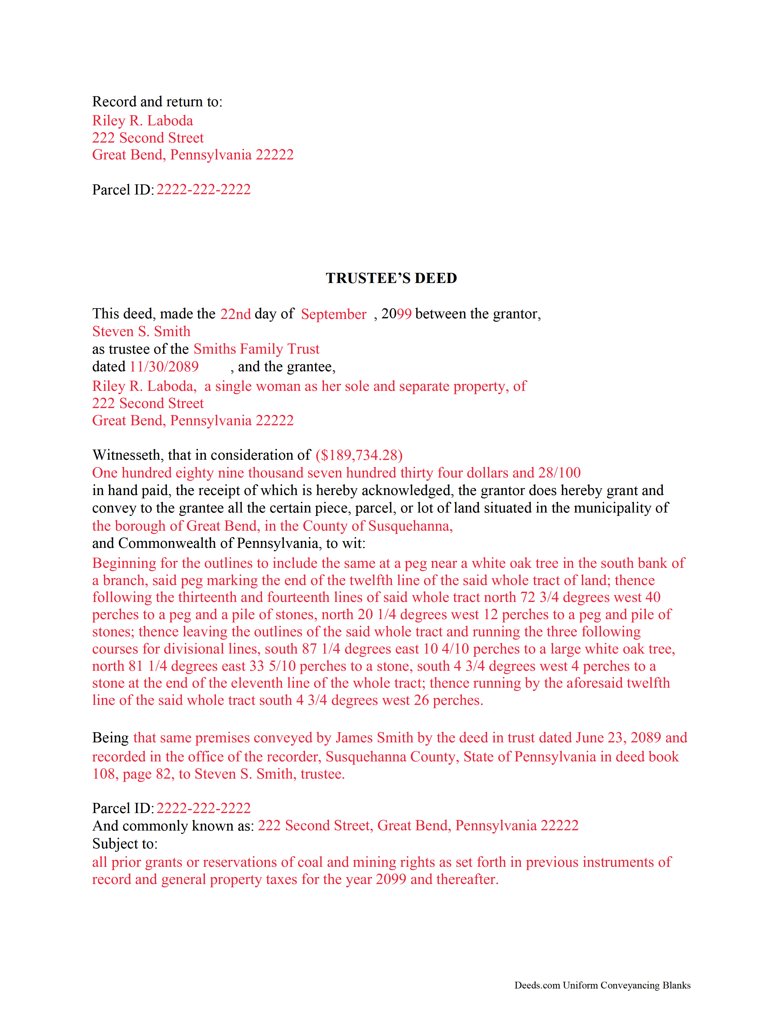 Completed Example of the Trustee Deed Document