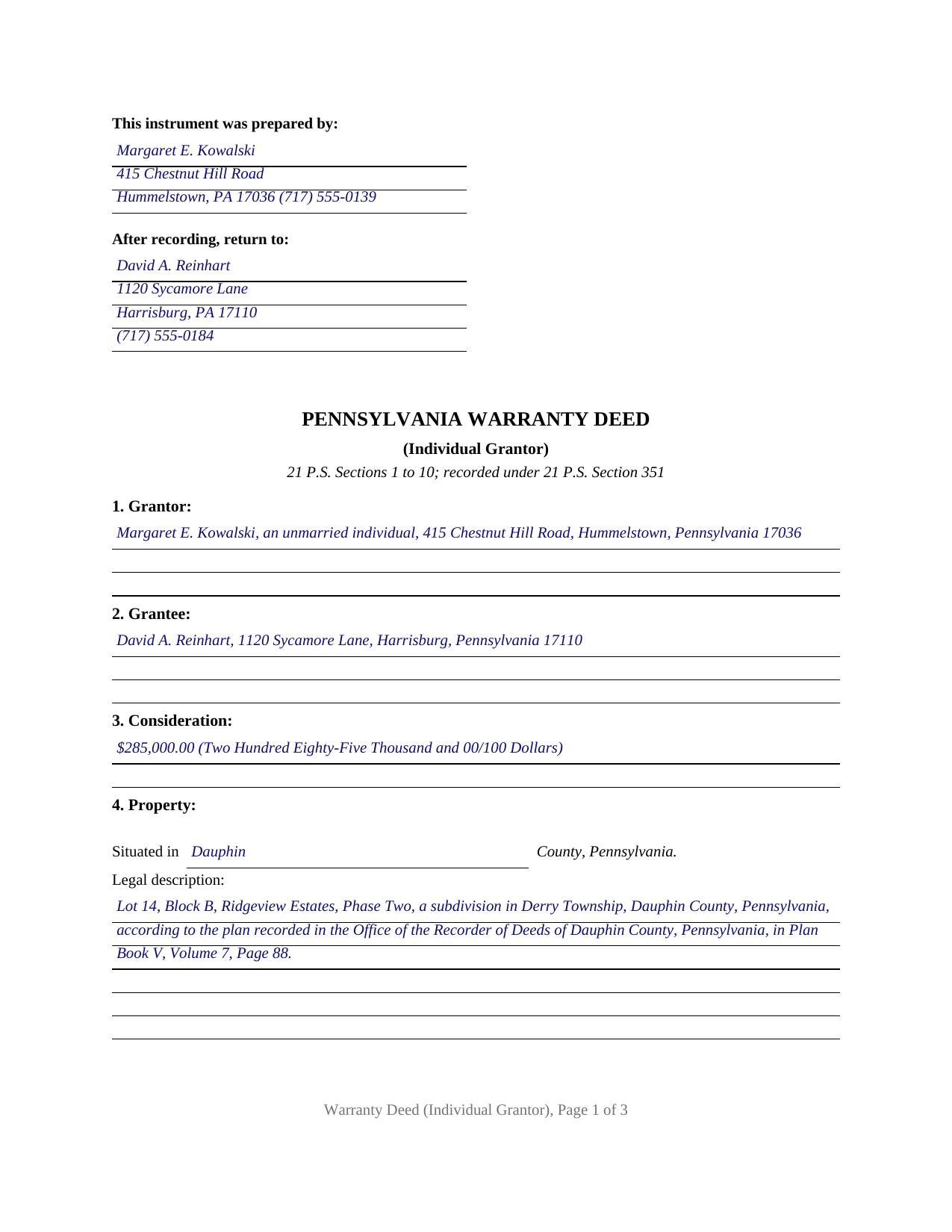Dauphin County Completed Example of the Warranty Deed (Individual Grantor) Document