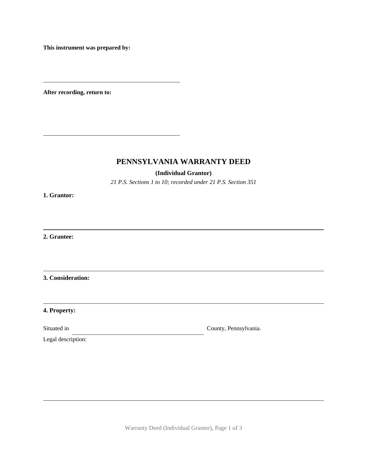 Dauphin County Warranty Deed (Individual Grantor) Form