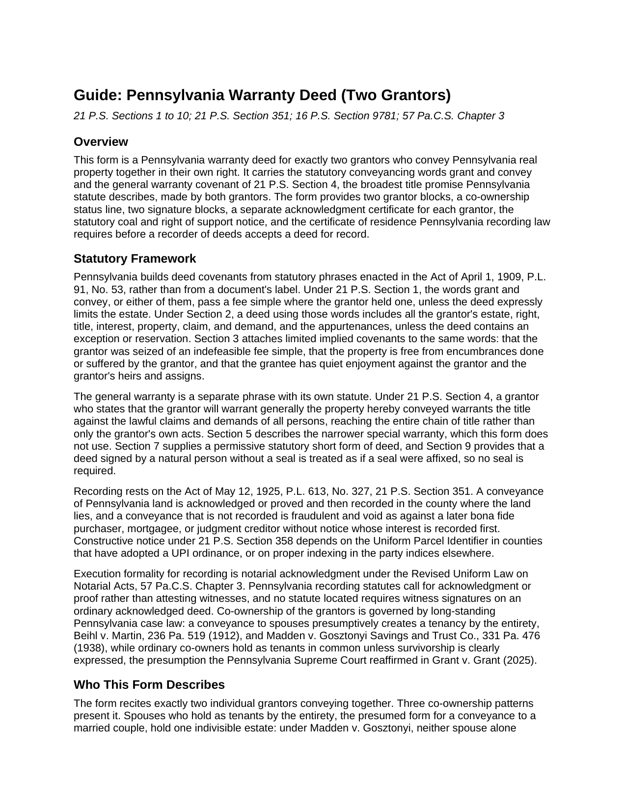Clearfield County Warranty Deed (Two Grantors) Guide