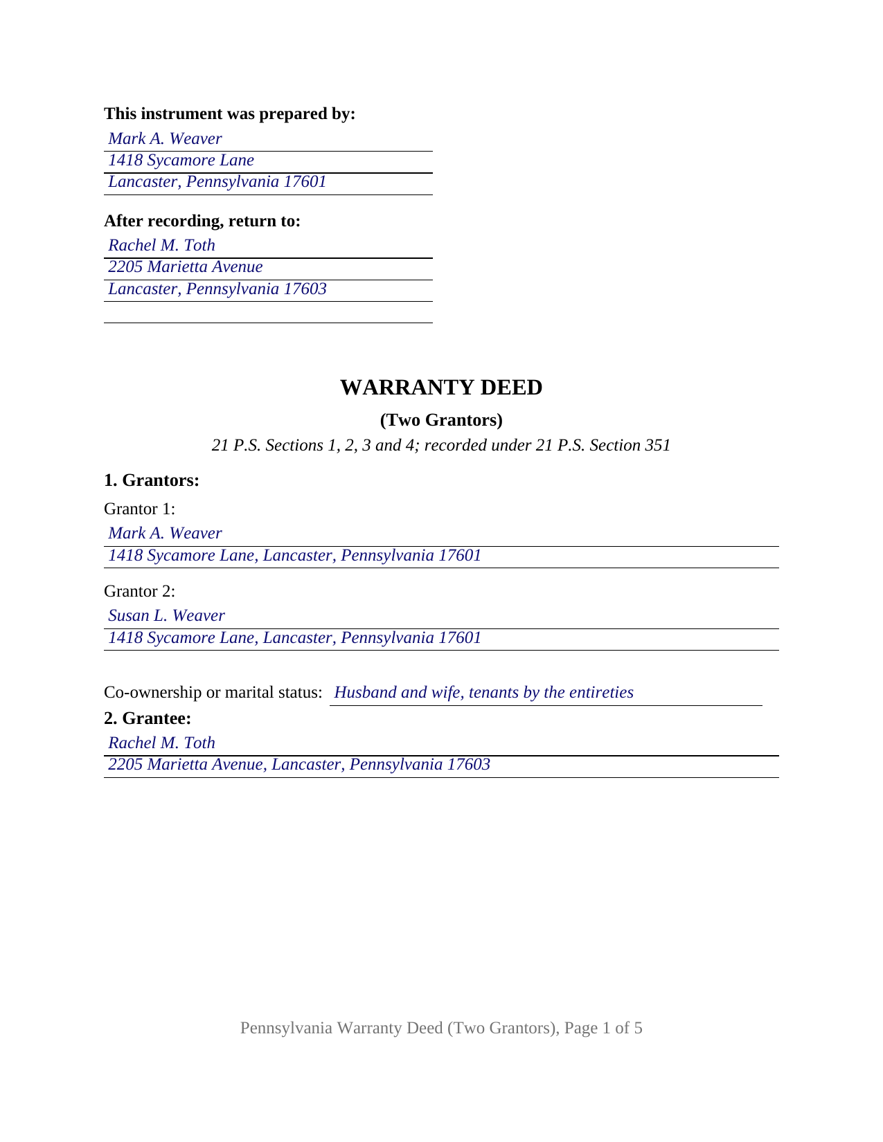 Clearfield County Completed Example of the Warranty Deed (Two Grantors) Document