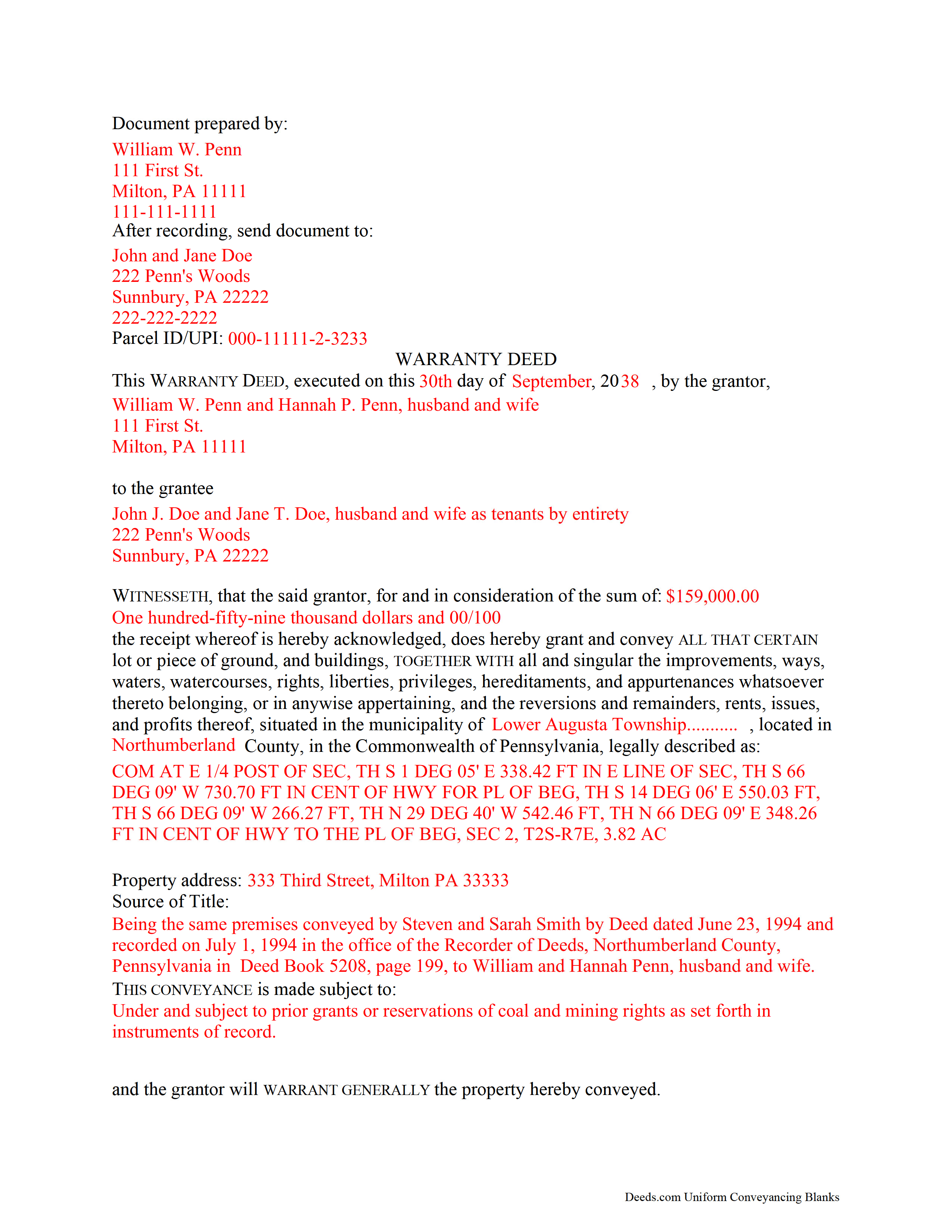 Completed Example of the Warranty Deed Document