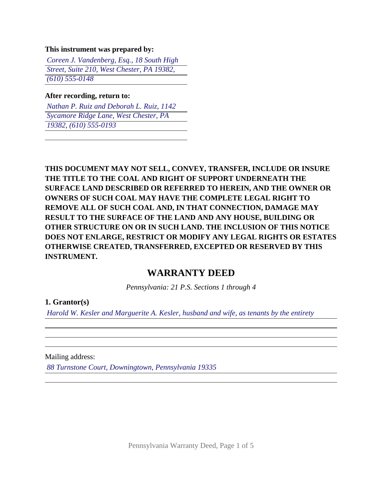 Montour County Completed Example of the Warranty Deed Document