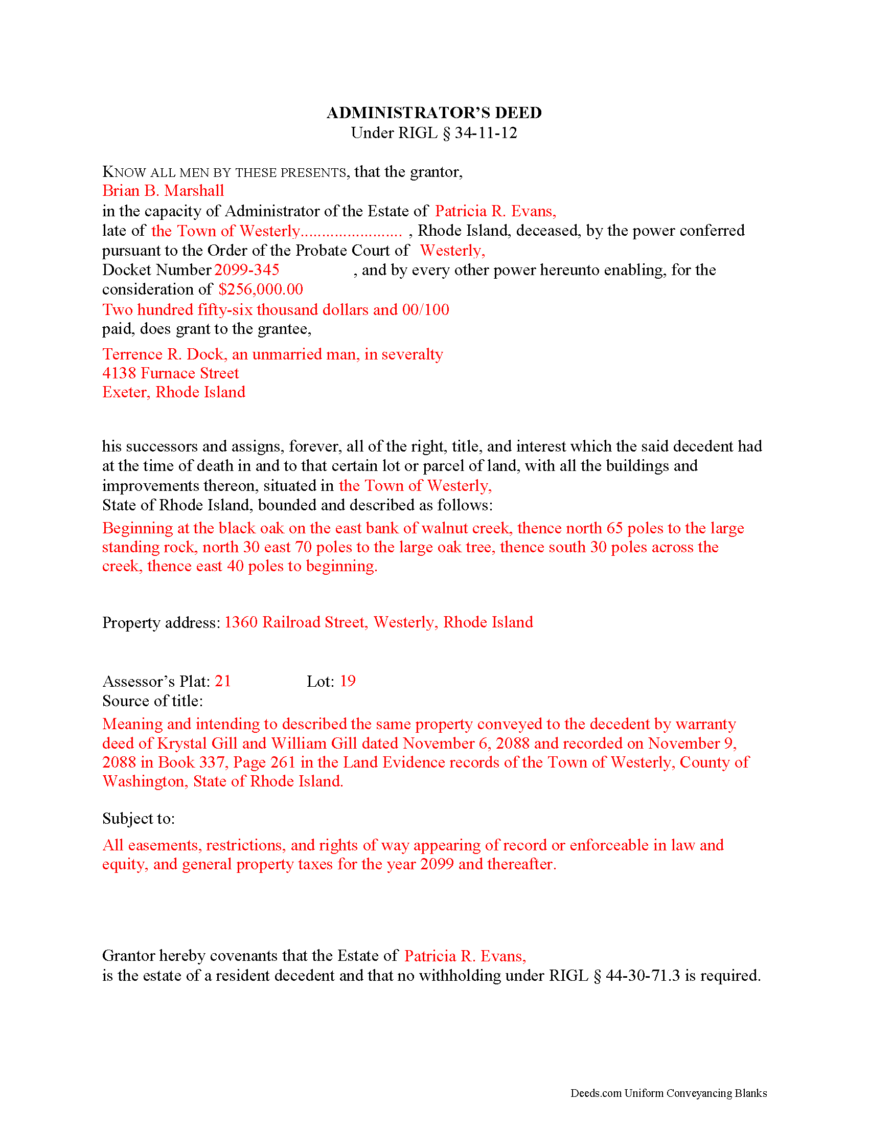 Providence County Completed Example of the Administrator Deed Document