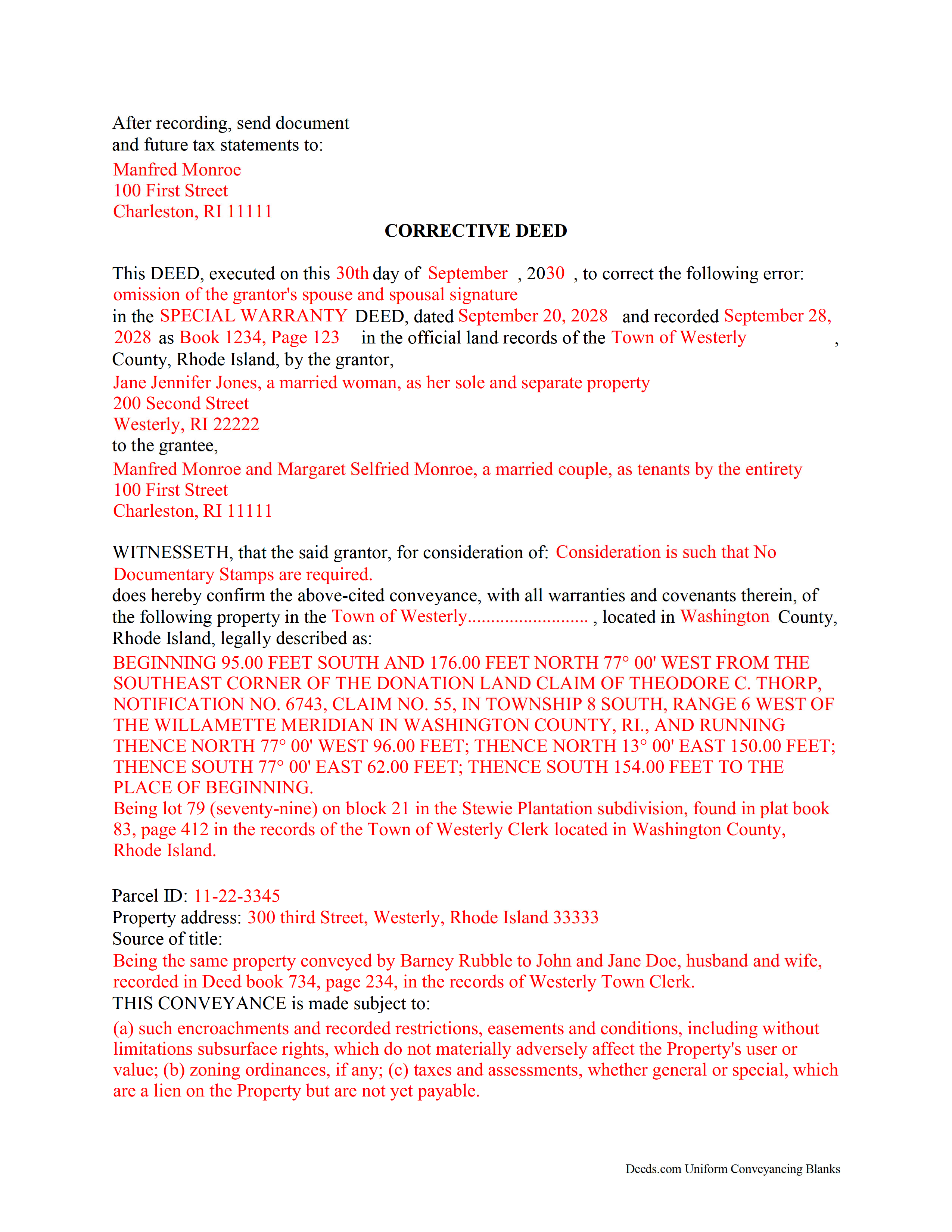 Newport County Completed Example of a Correction Deed Document