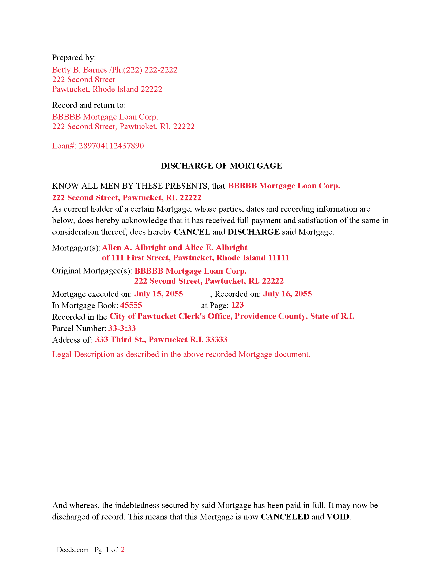 Bristol County Completed Example of the Discharge of Mortgage Document