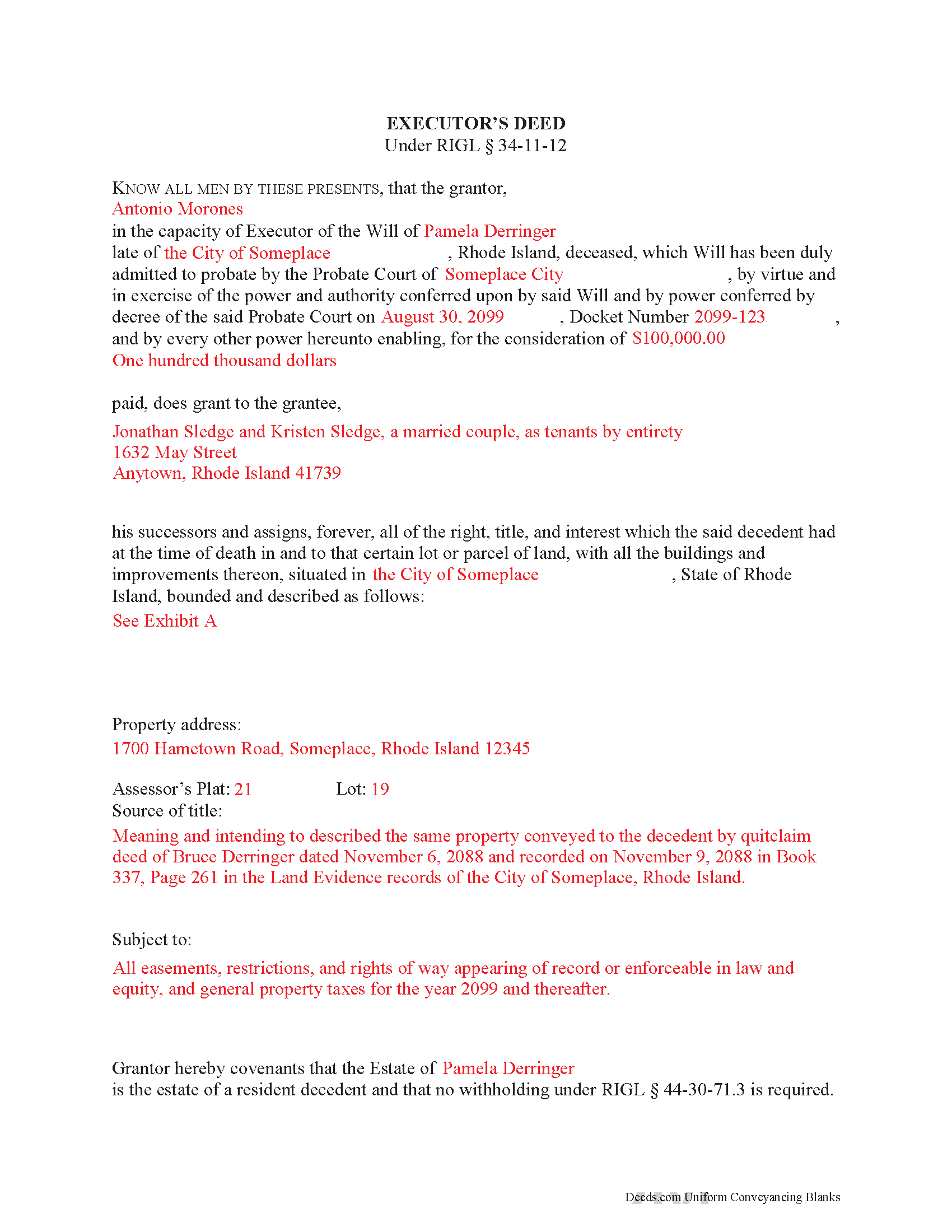 Kent County Completed Example of the Executor Deed Document