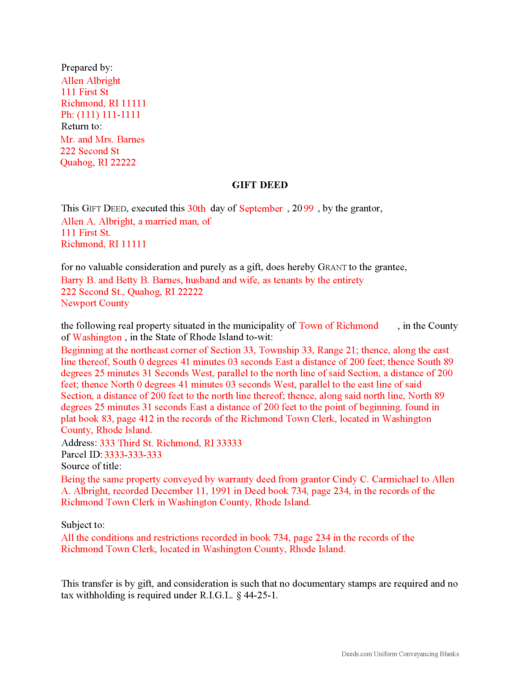 Bristol County Completed Example of the Gift Deed Document