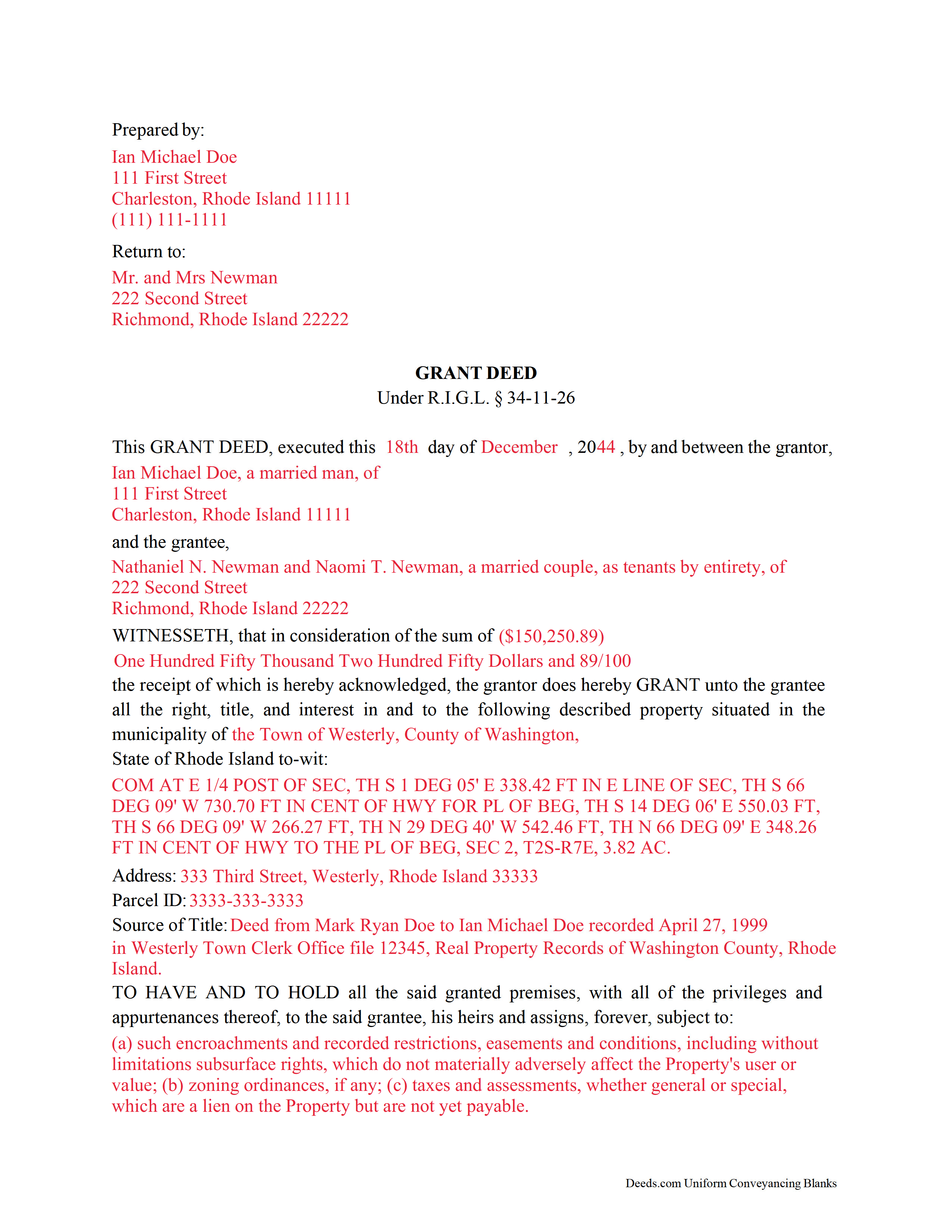 Bristol County Completed Example of the Grant Deed Document