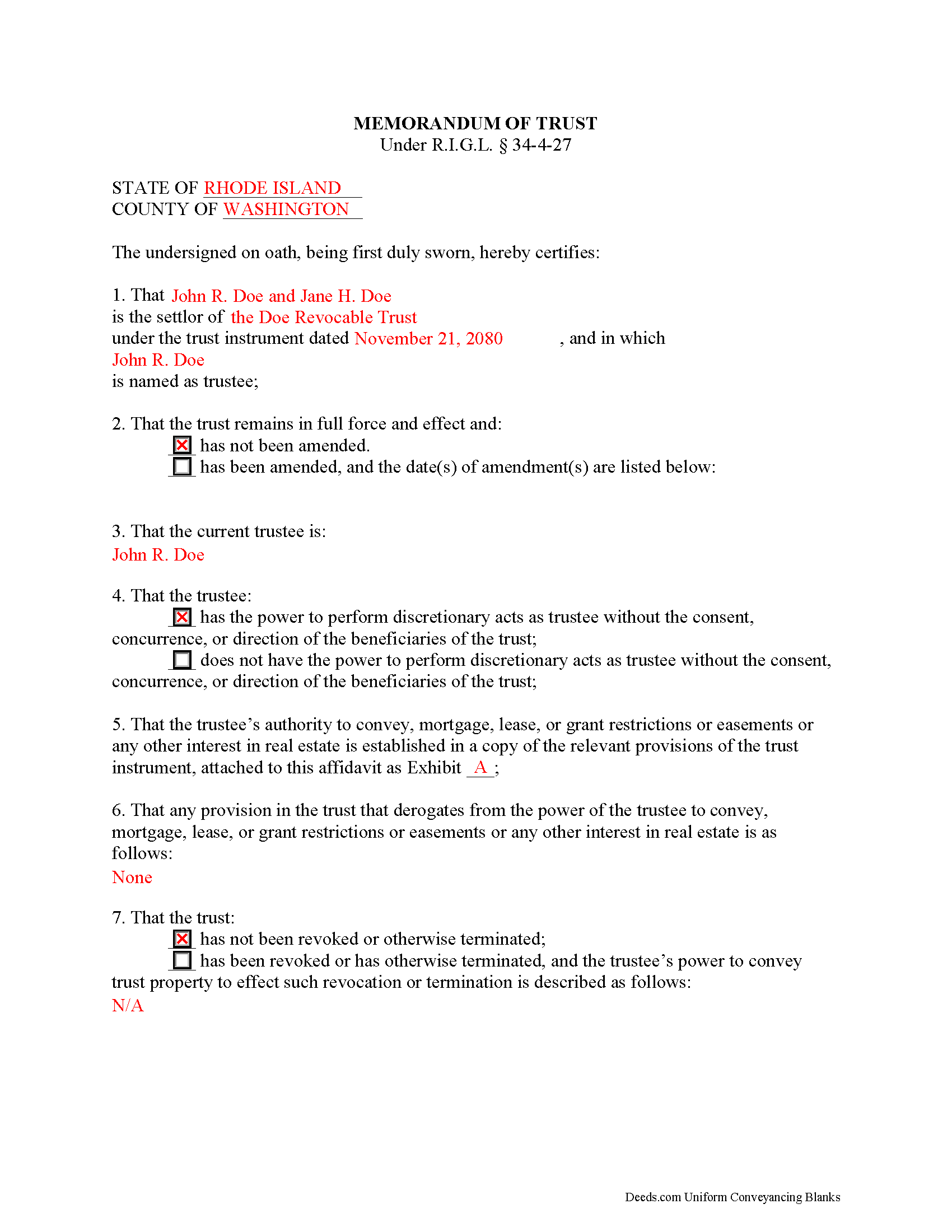 Completed Example of the Memorandum of Trust Document