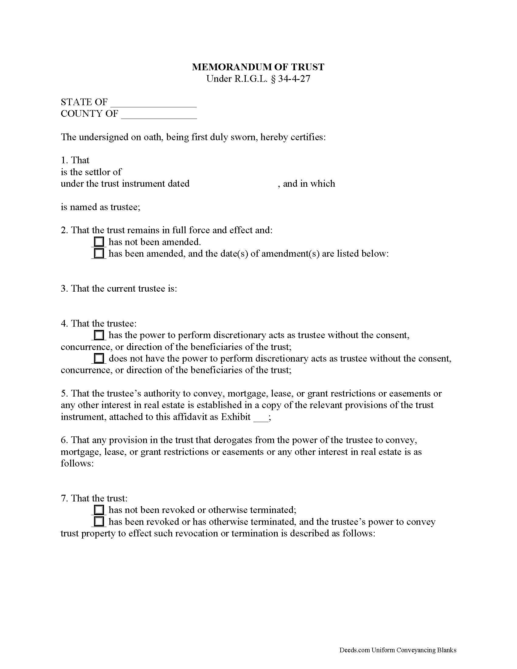 Memorandum of Trust Form