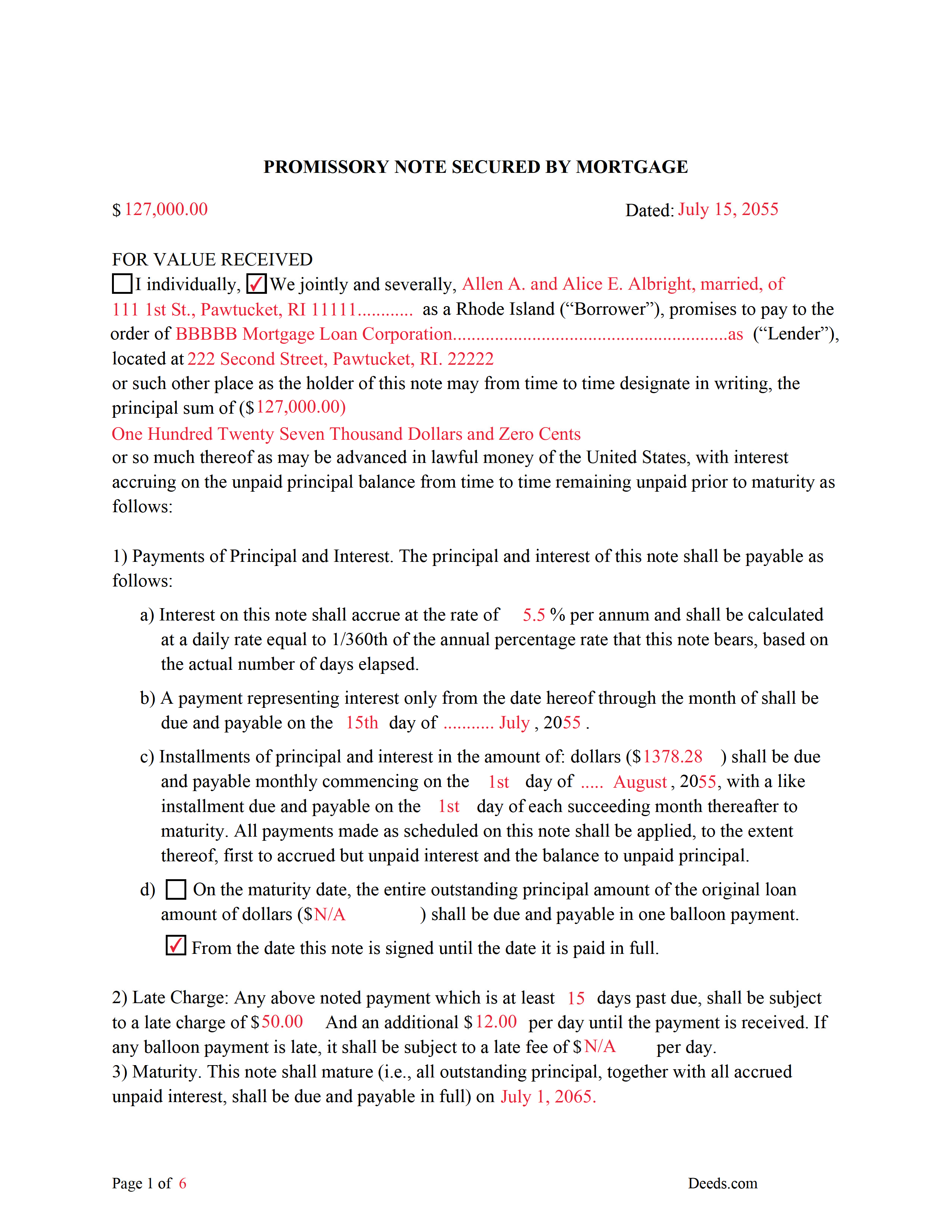 Completed Example of the Promissory Note Document