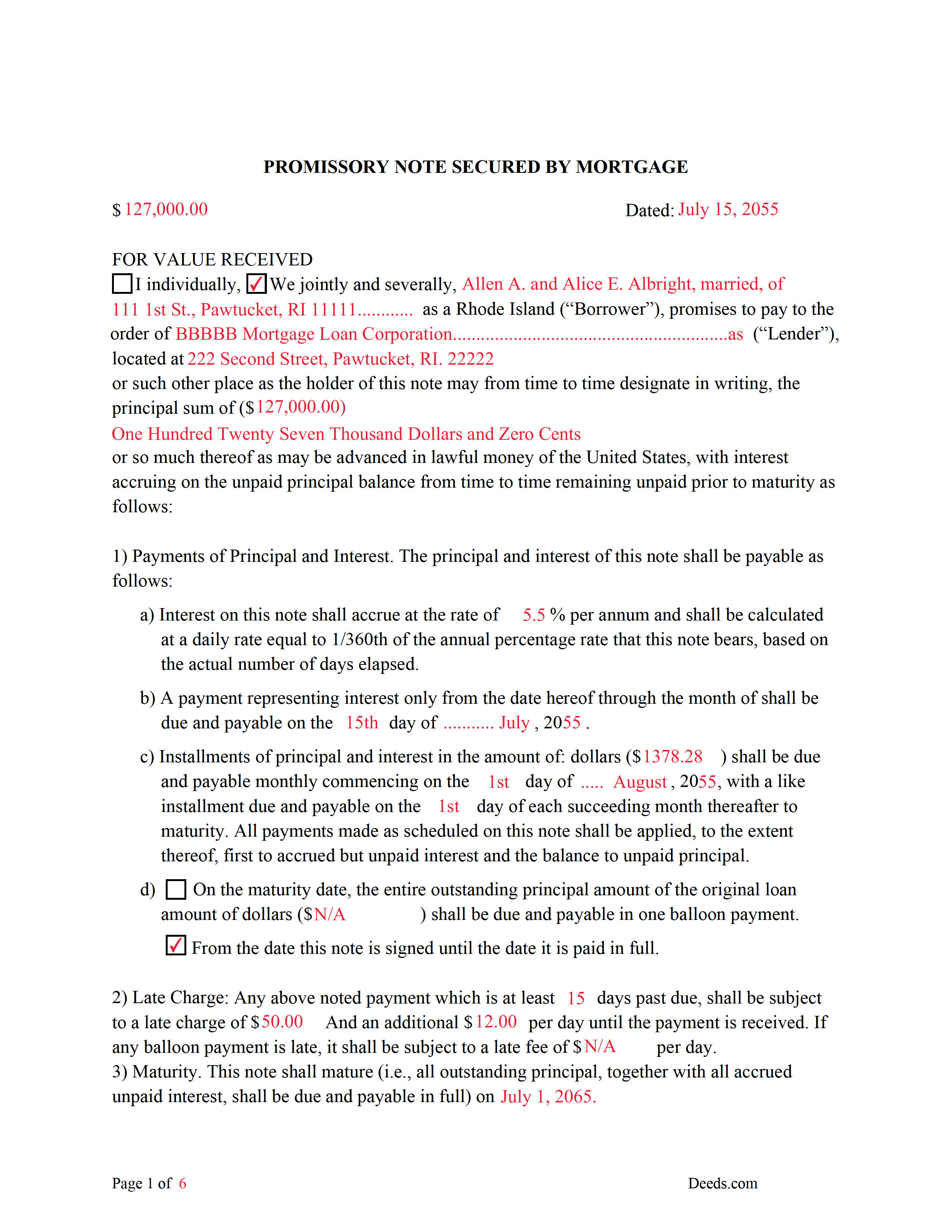 Kent County Completed Example of the Promissory Note Document