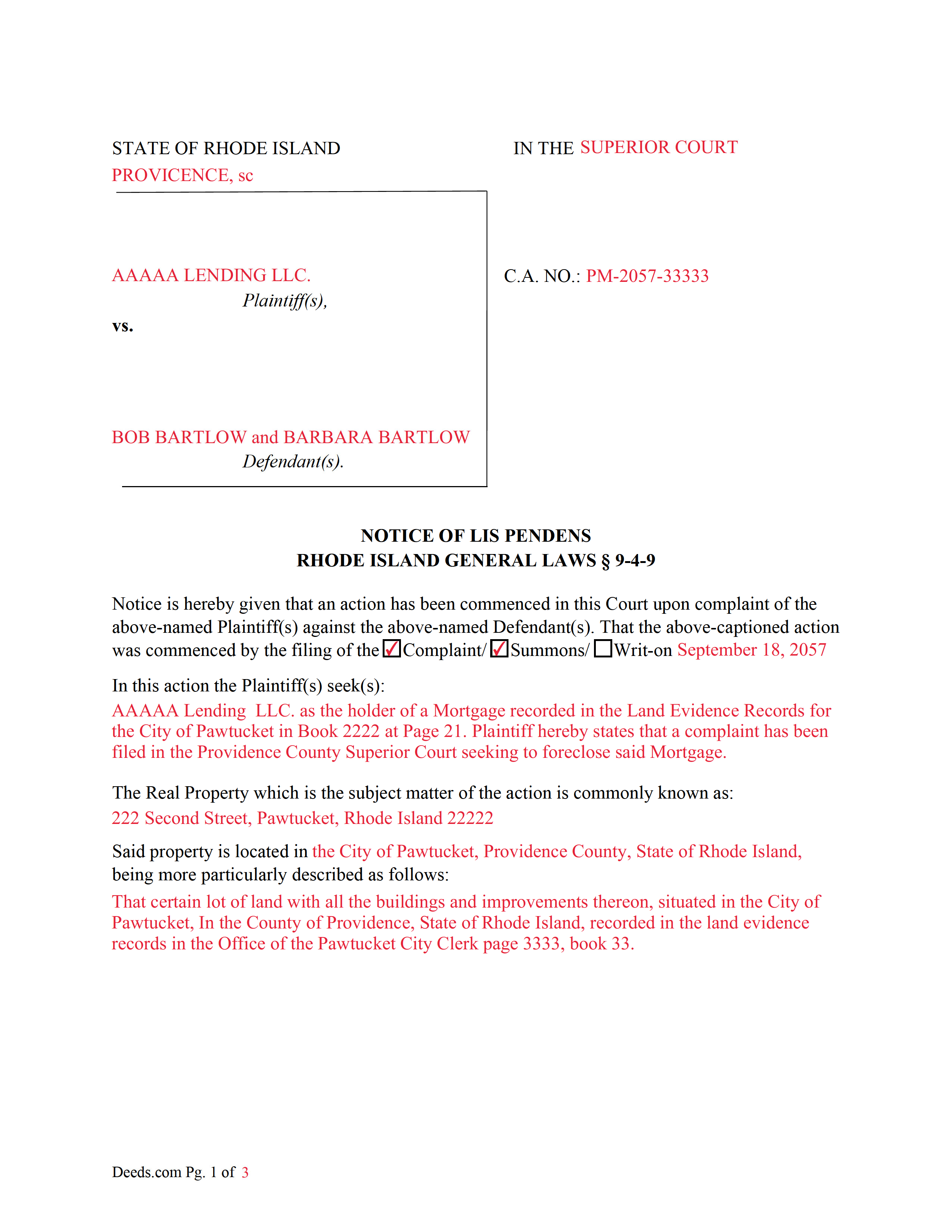 Bristol County Completed Example of a Notice of Lis Pendens Document