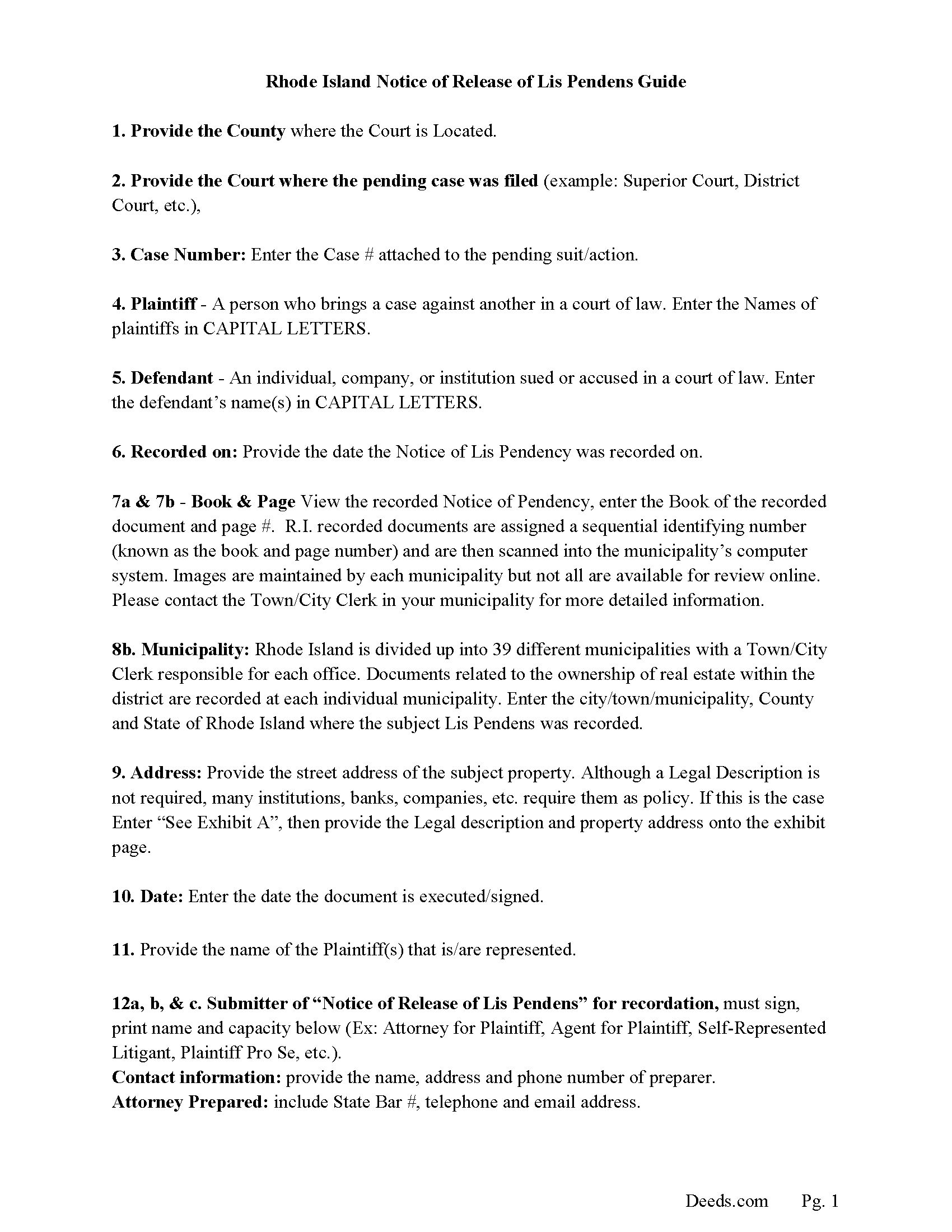 Providence County Guidelines for Discharge of Lis Pendens