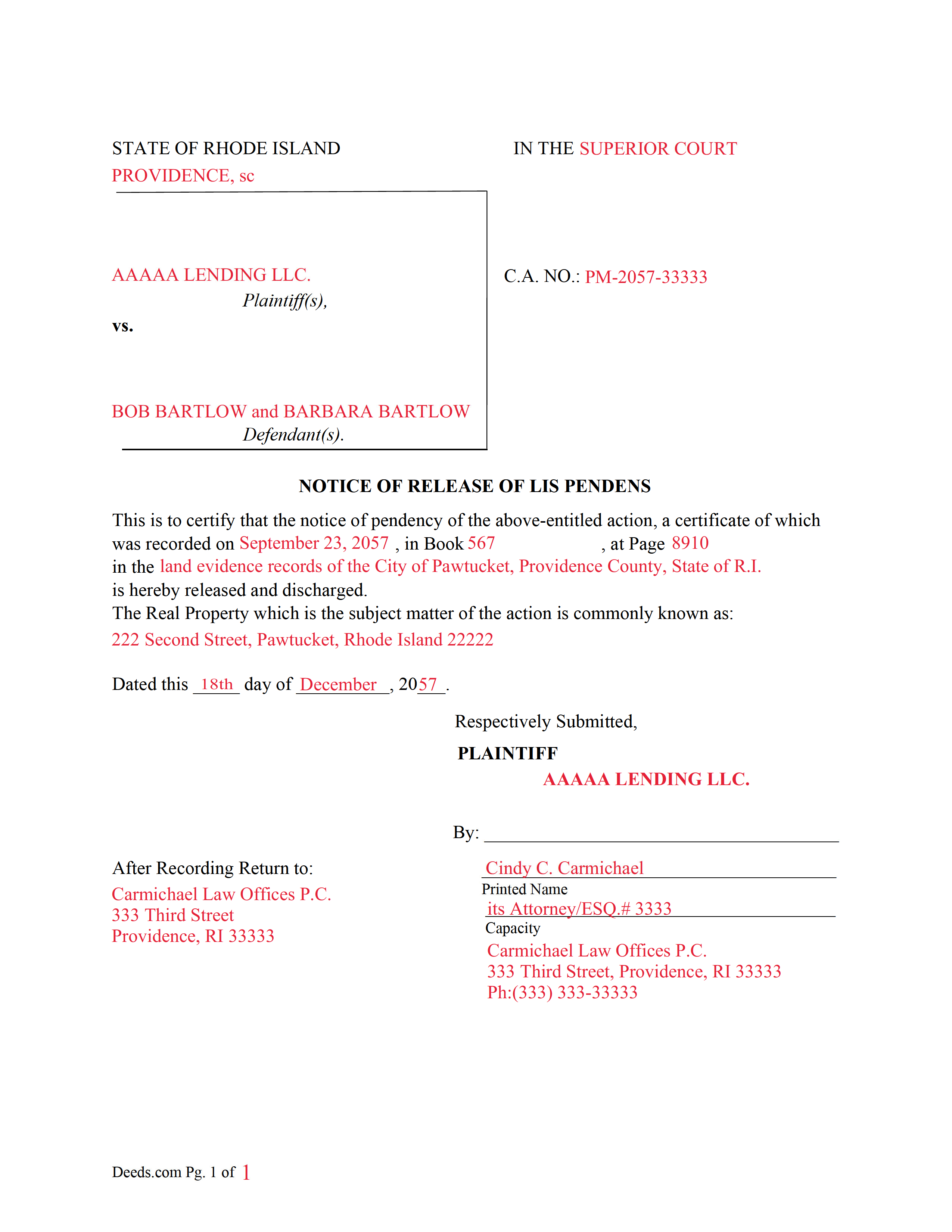 Completed Example of Notice of Release Document