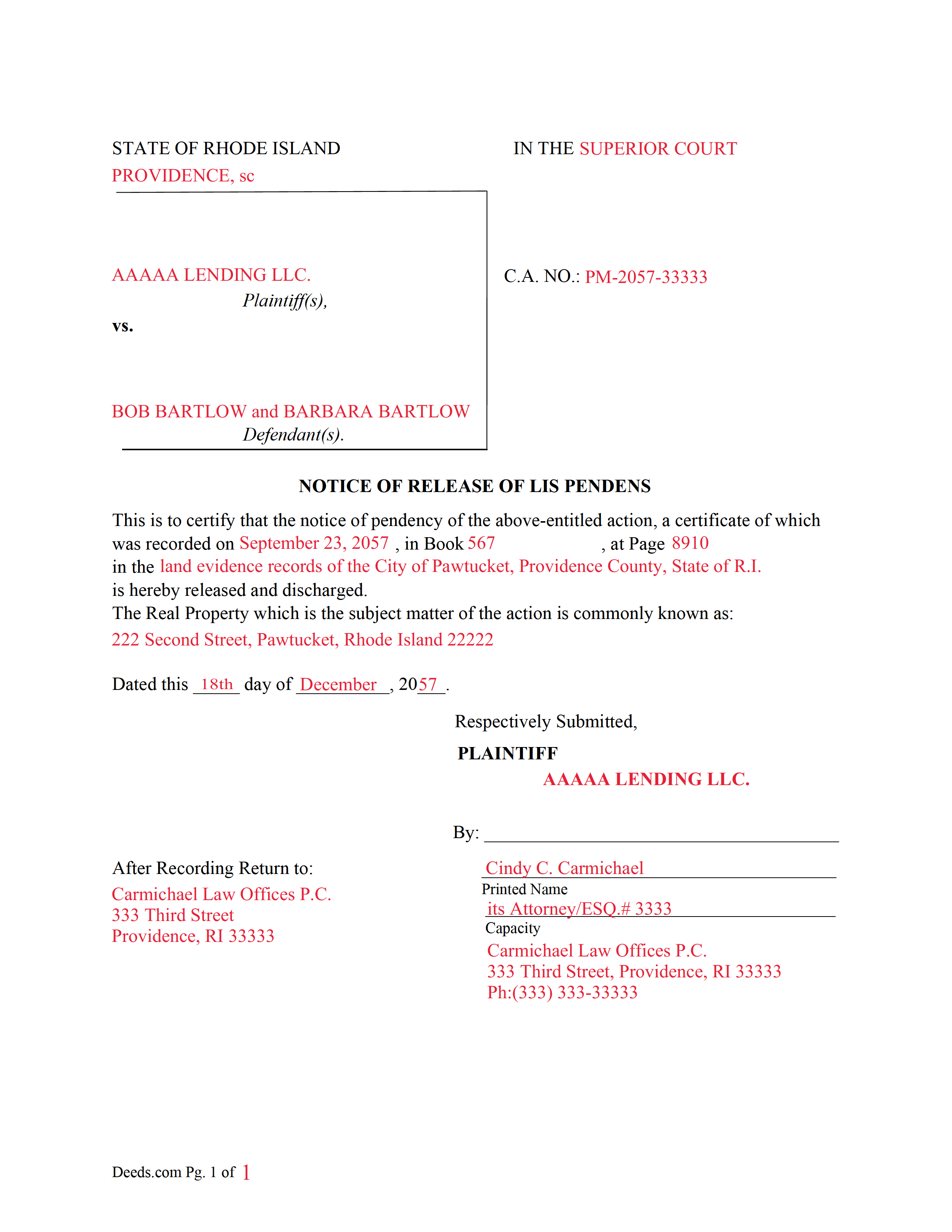 Providence County Completed Example of Notice of Release Document