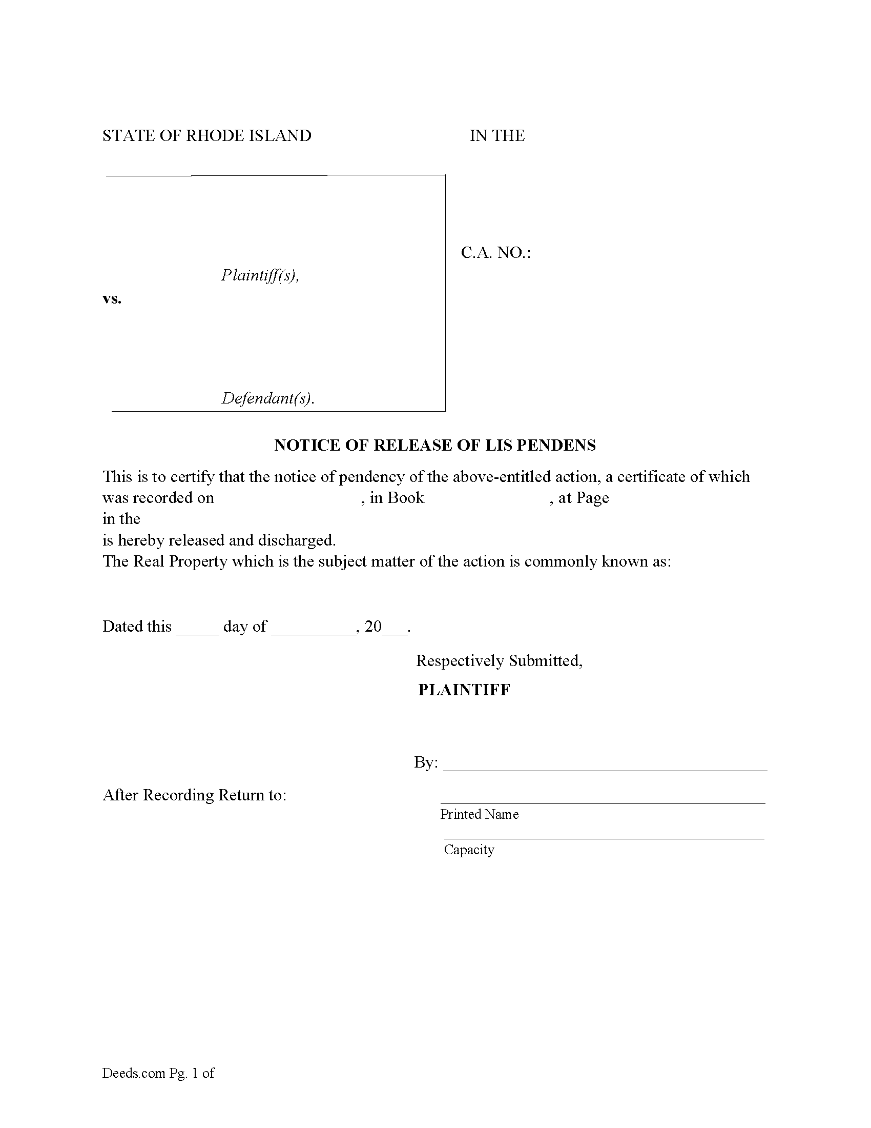 Providence County Notice of Release of Lis Pendens Form
