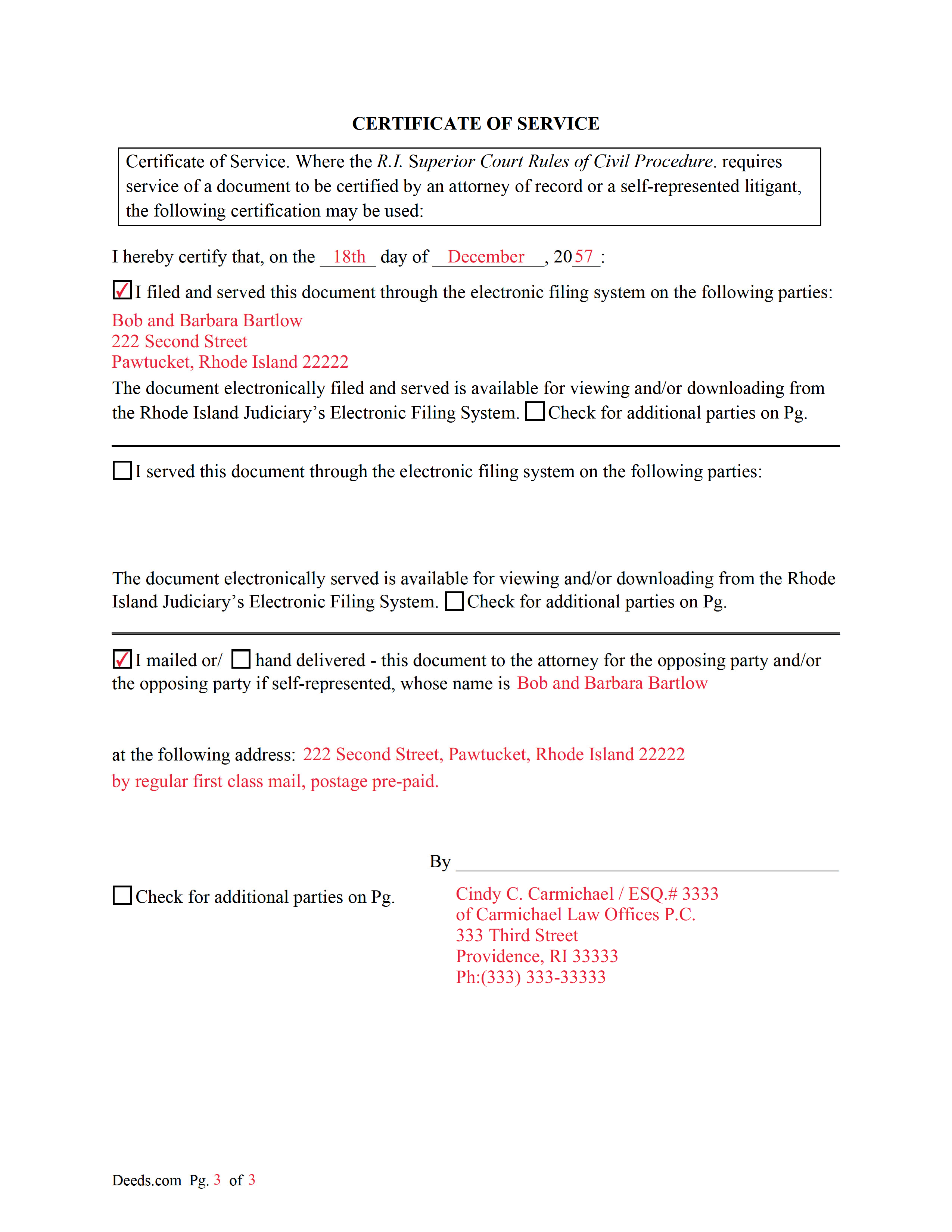 Providence County Completed Example of the Certificate of Service Form
