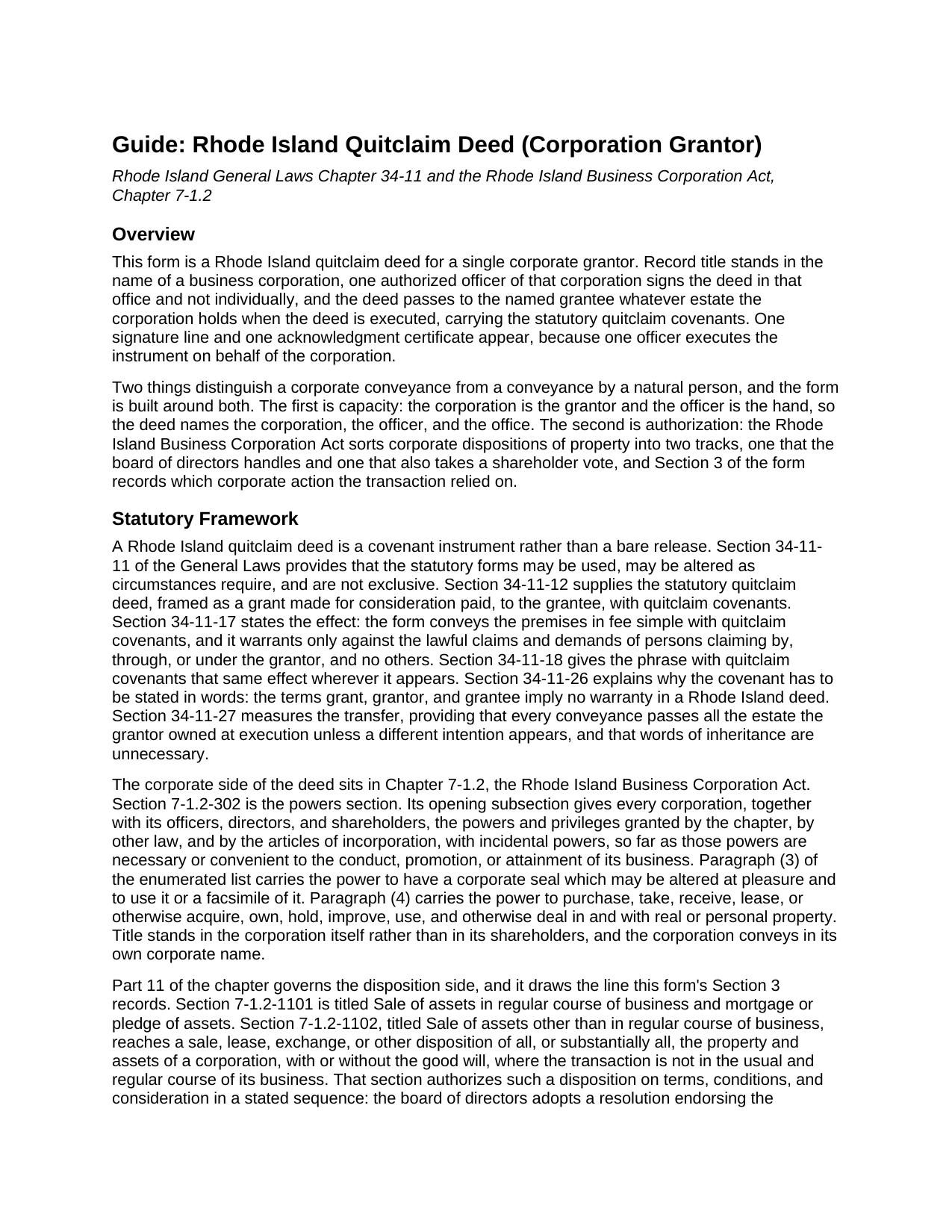 Providence County Quitclaim Deed (Corporation Grantor) Guide
