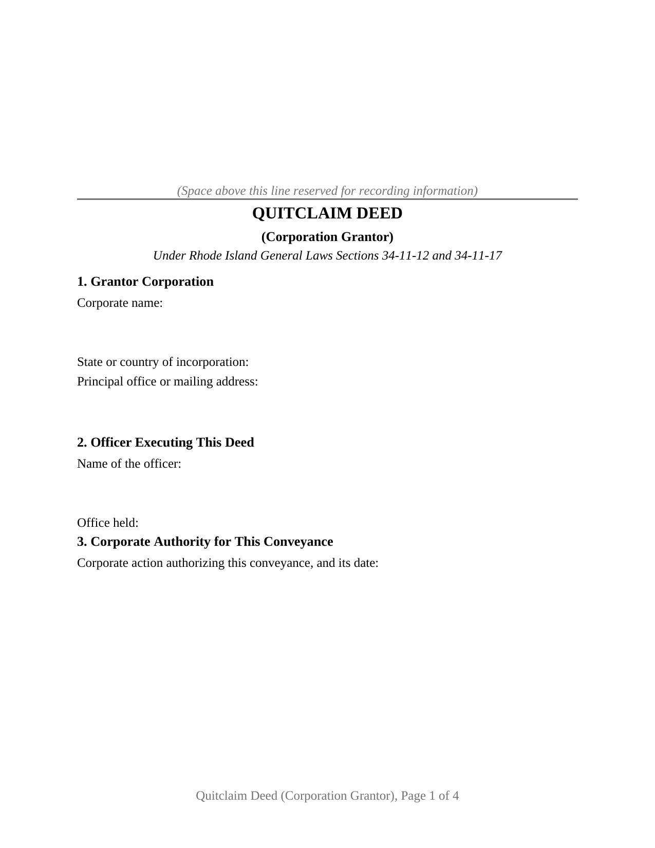 Providence County Quitclaim Deed (Corporation Grantor) Form