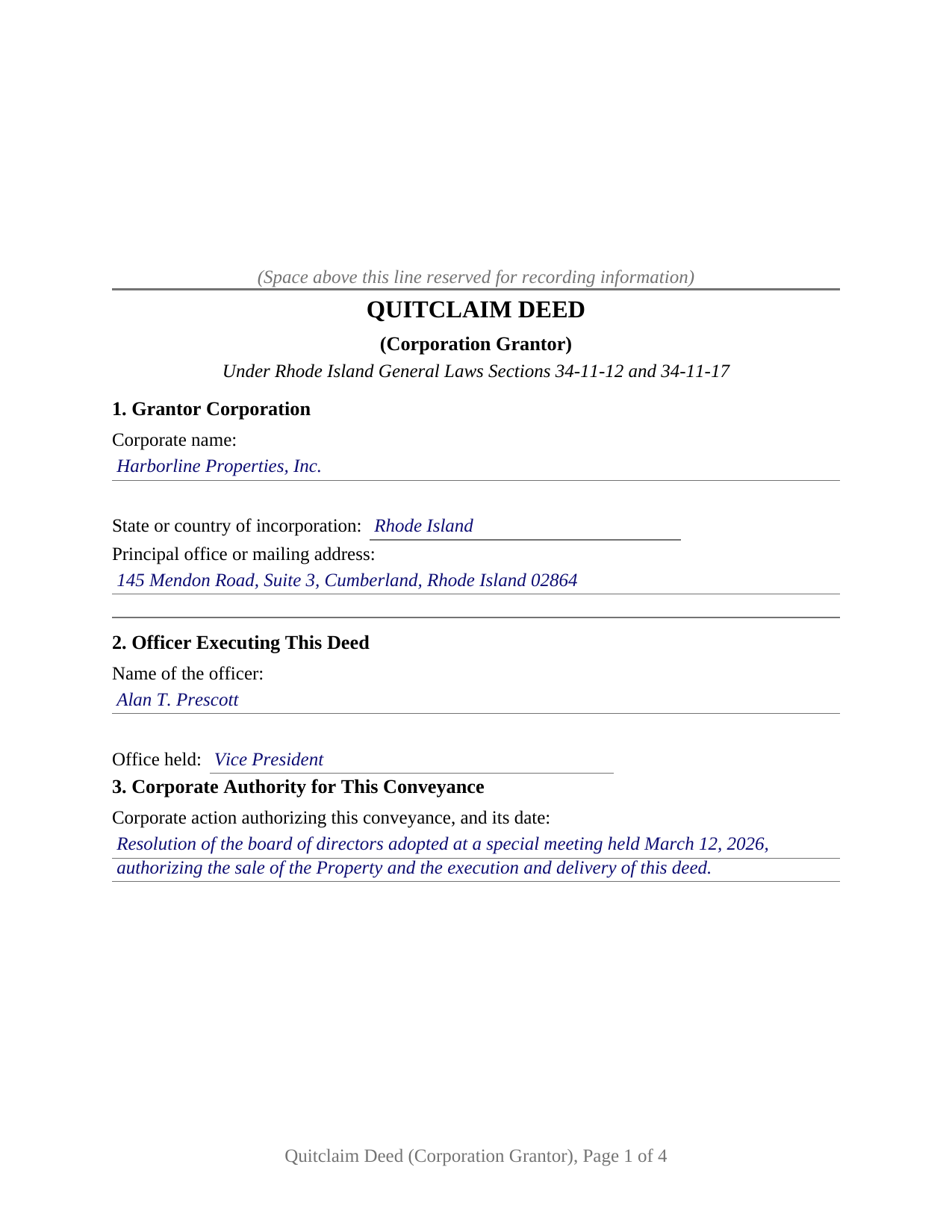 Providence County Completed Example of the Quitclaim Deed (Corporation Grantor) Document
