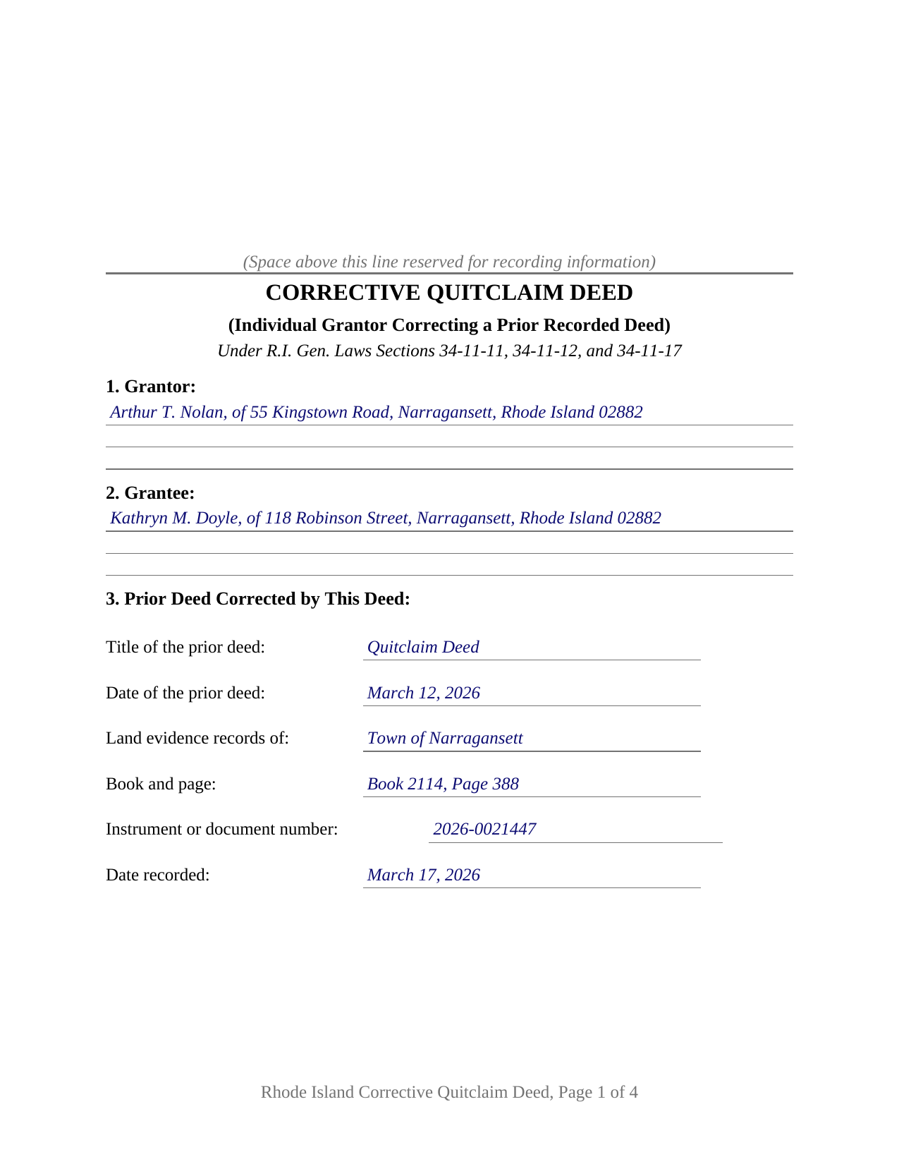 Kent County Completed Example of the Quitclaim Deed (Corrective) Document