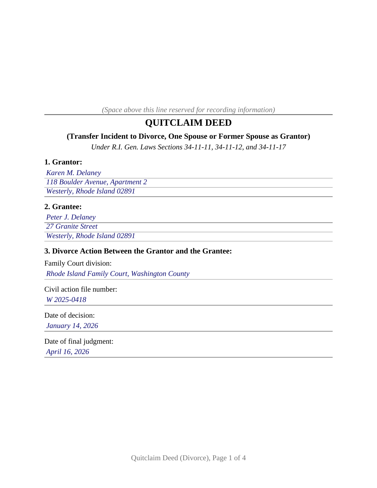Bristol County Completed Example of the Quitclaim Deed (Divorce) Document