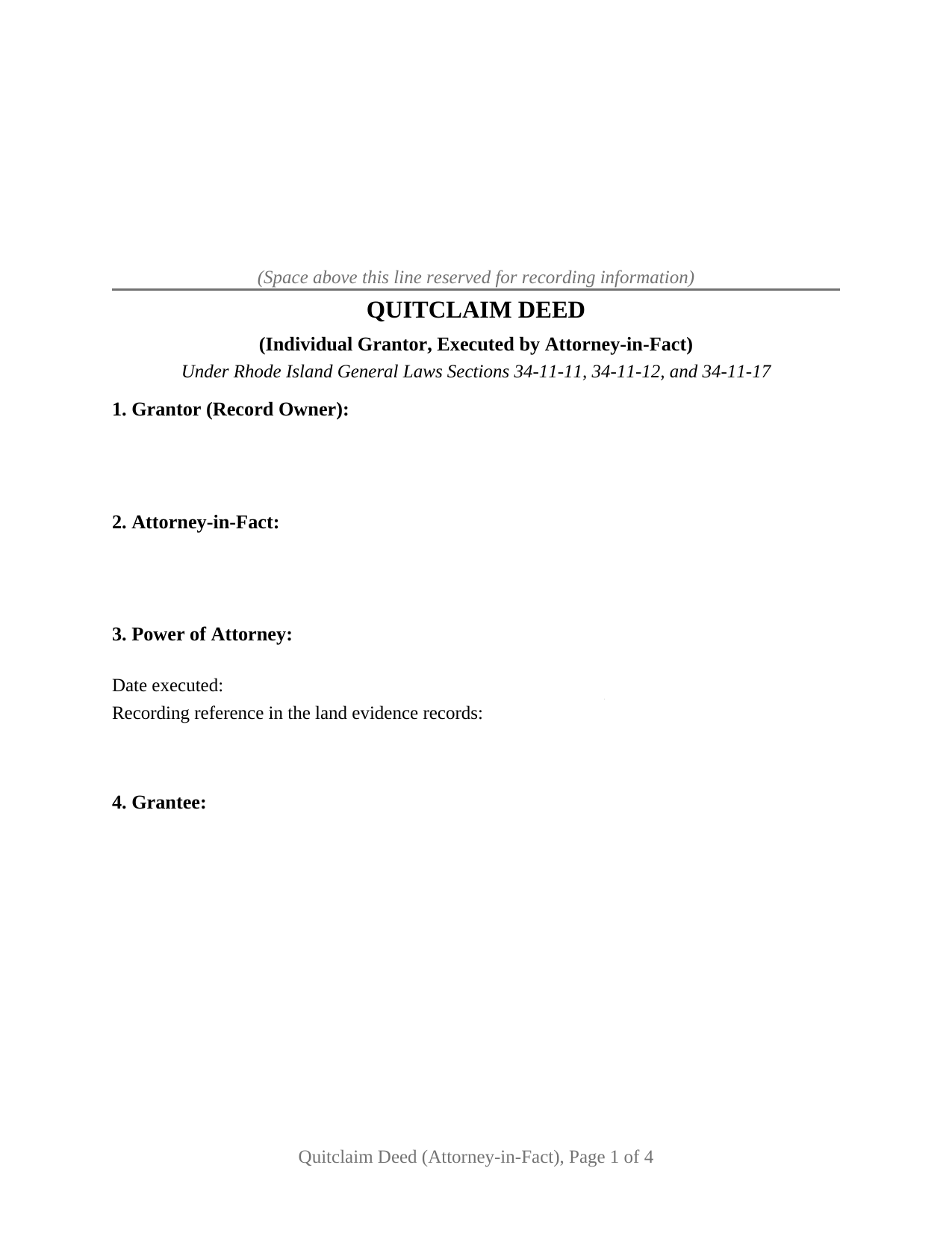 Bristol County Quitclaim Deed (Individual Grantor by Attorney-in-Fact) Form