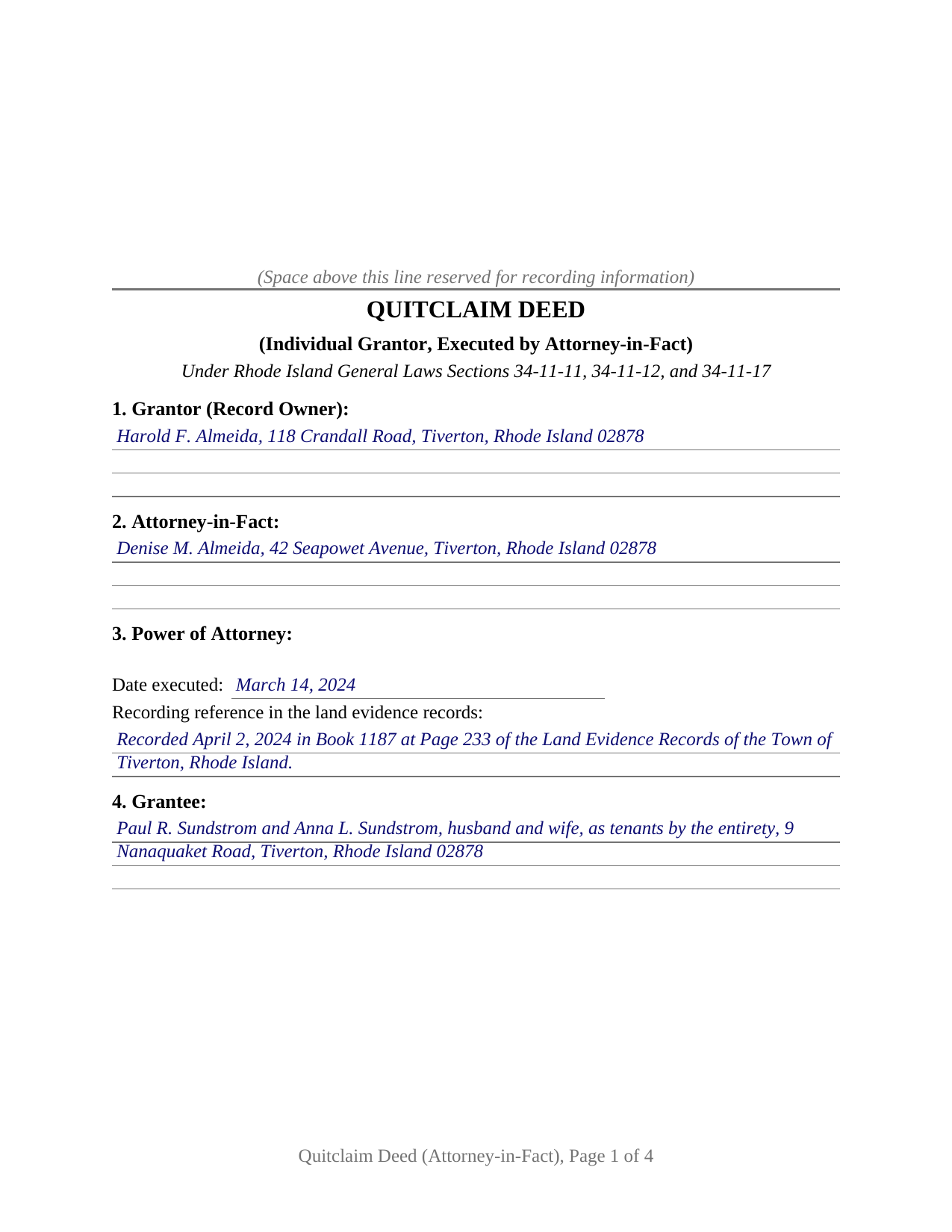 Bristol County Completed Example of the Quitclaim Deed (Individual Grantor by Attorney-in-Fact) Document