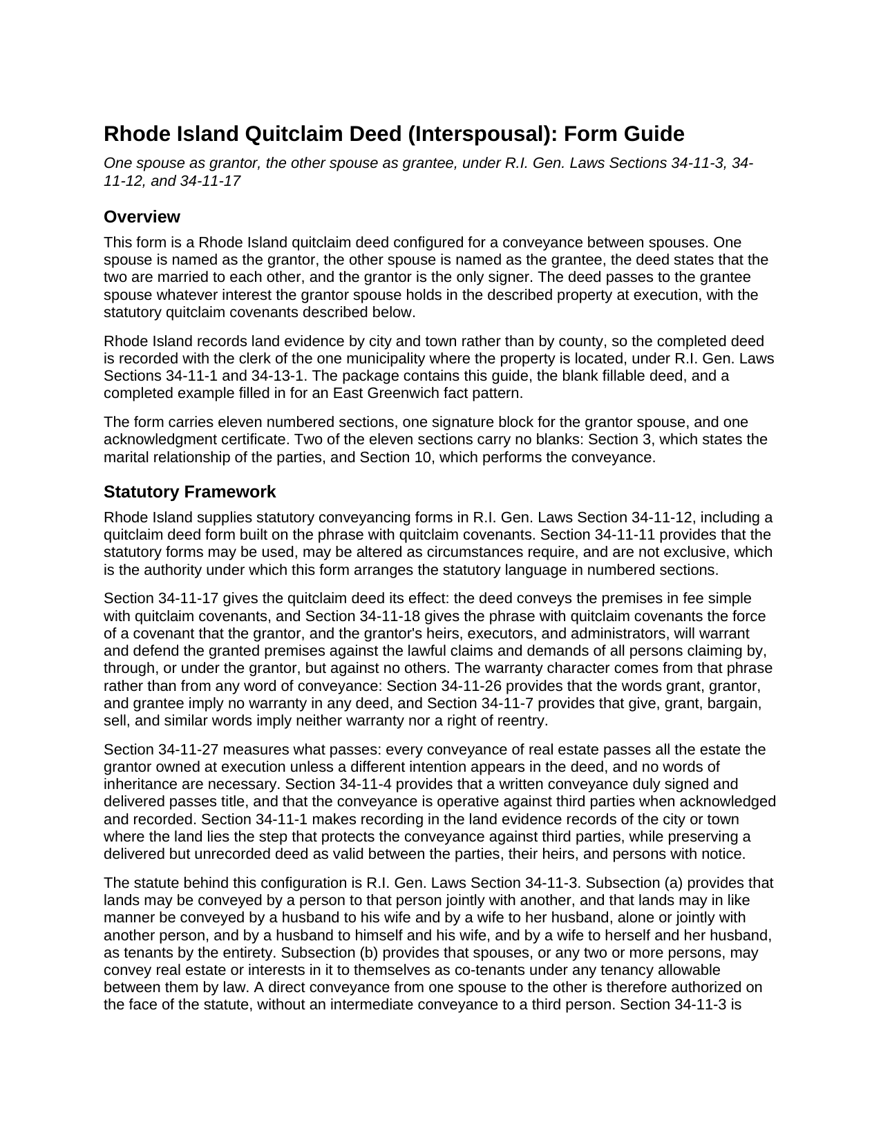 Providence County Quitclaim Deed (Interspousal) Guide
