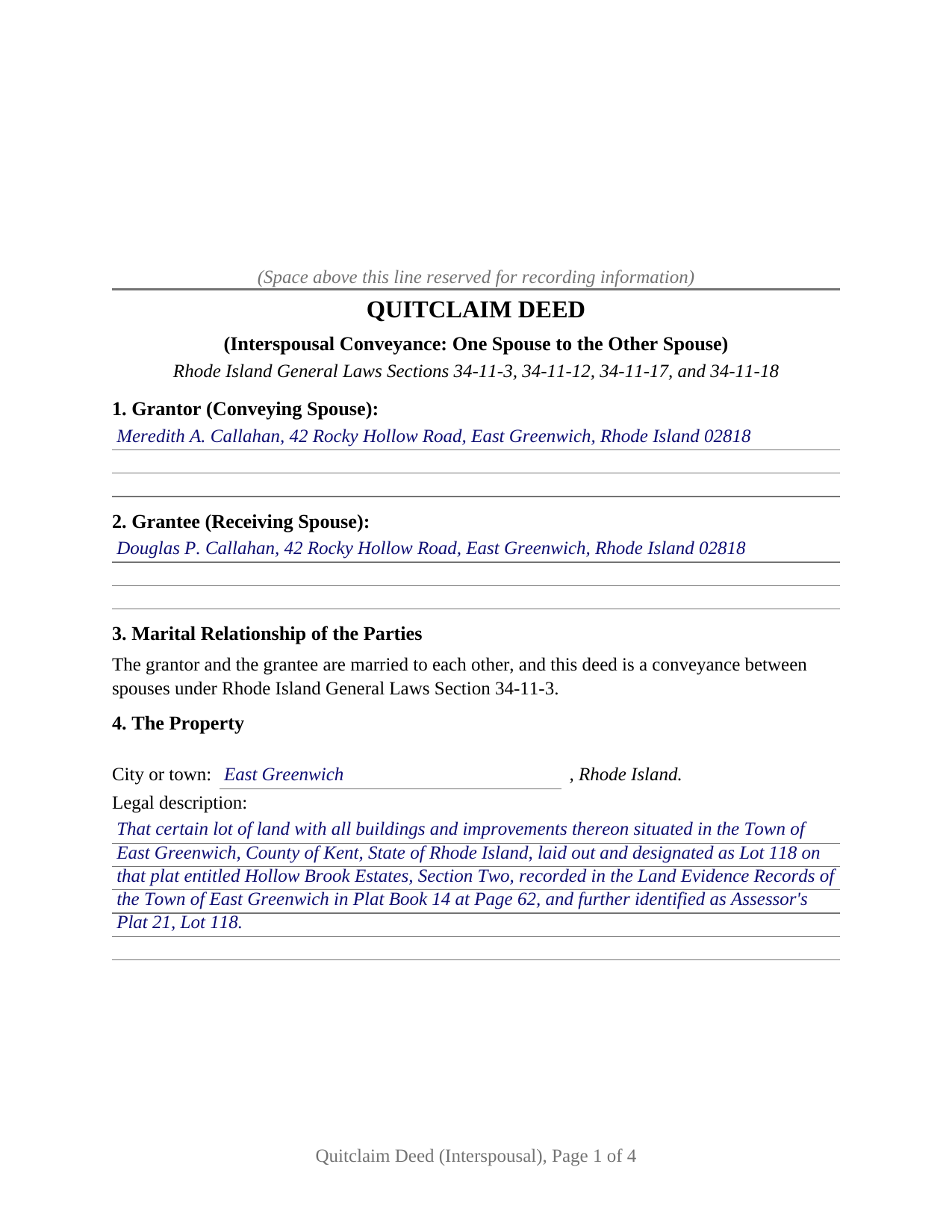 Providence County Completed Example of the Quitclaim Deed (Interspousal) Document
