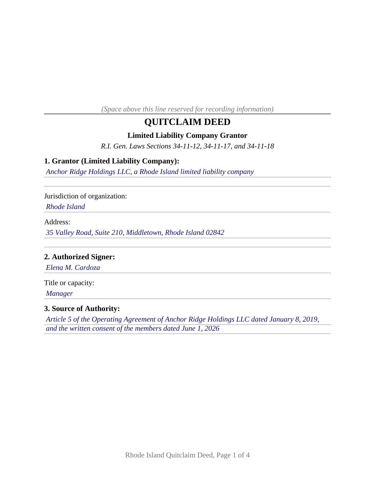 Newport County Completed Example of the Quitclaim Deed (LLC Grantor) Document