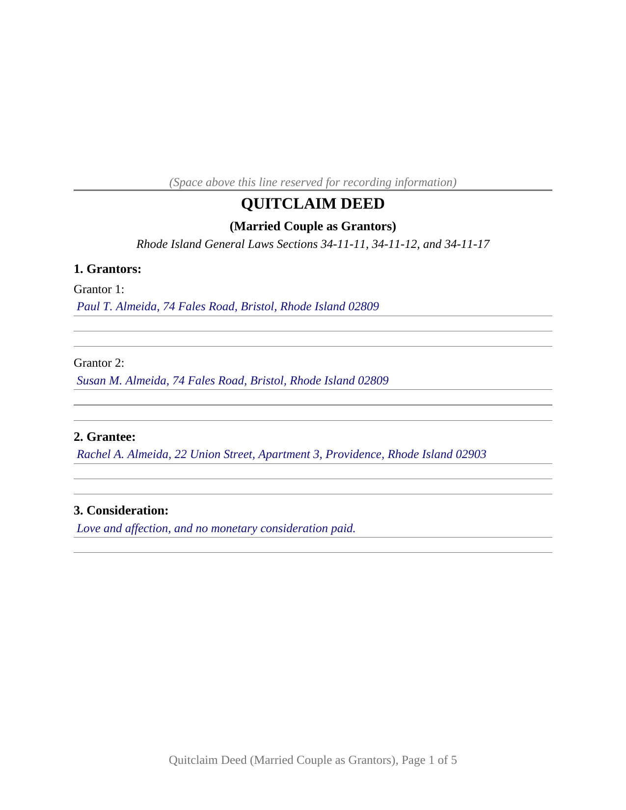 Providence County Completed Example of the Quitclaim Deed (Married Couple as Grantors) Document