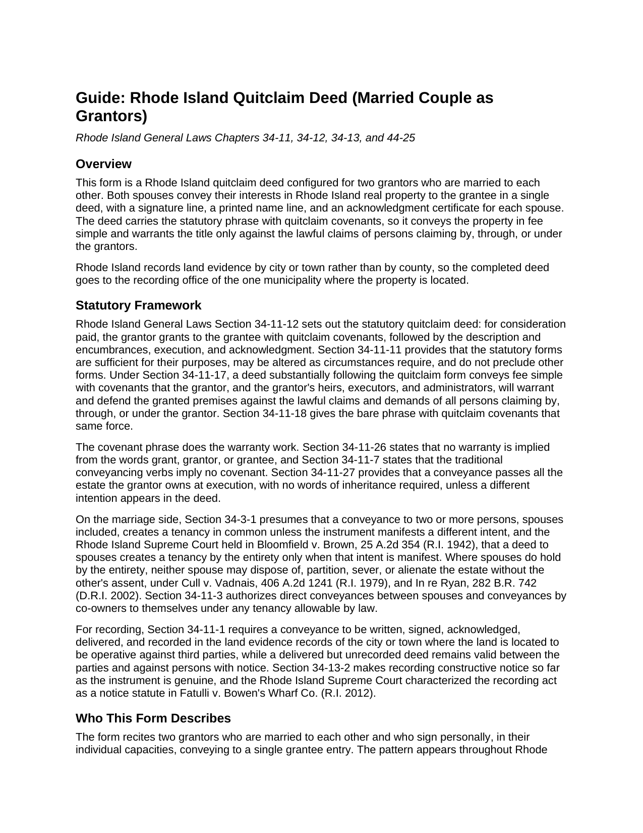 Providence County Quitclaim Deed (Married Couple as Grantors) Guide