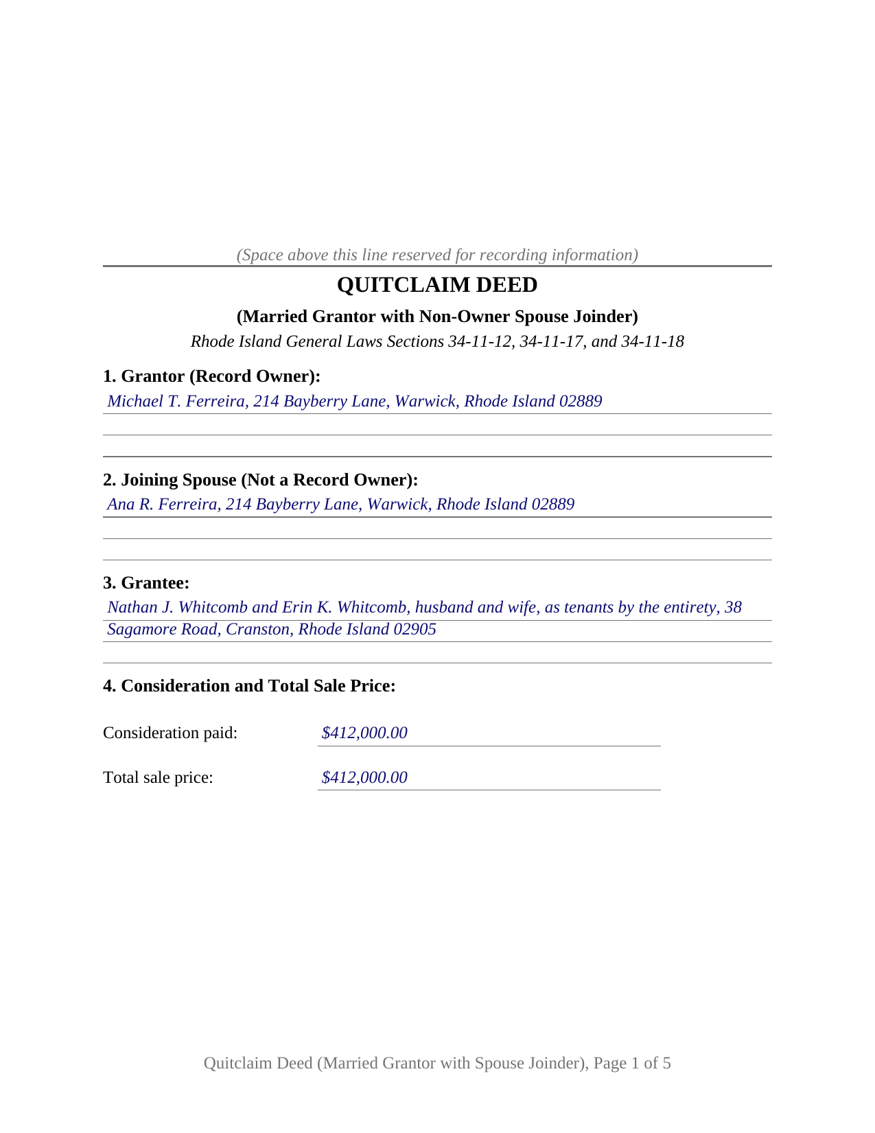 Providence County Completed Example of the Quitclaim Deed (Married Grantor with Non-Owner Spouse Joinder) Document