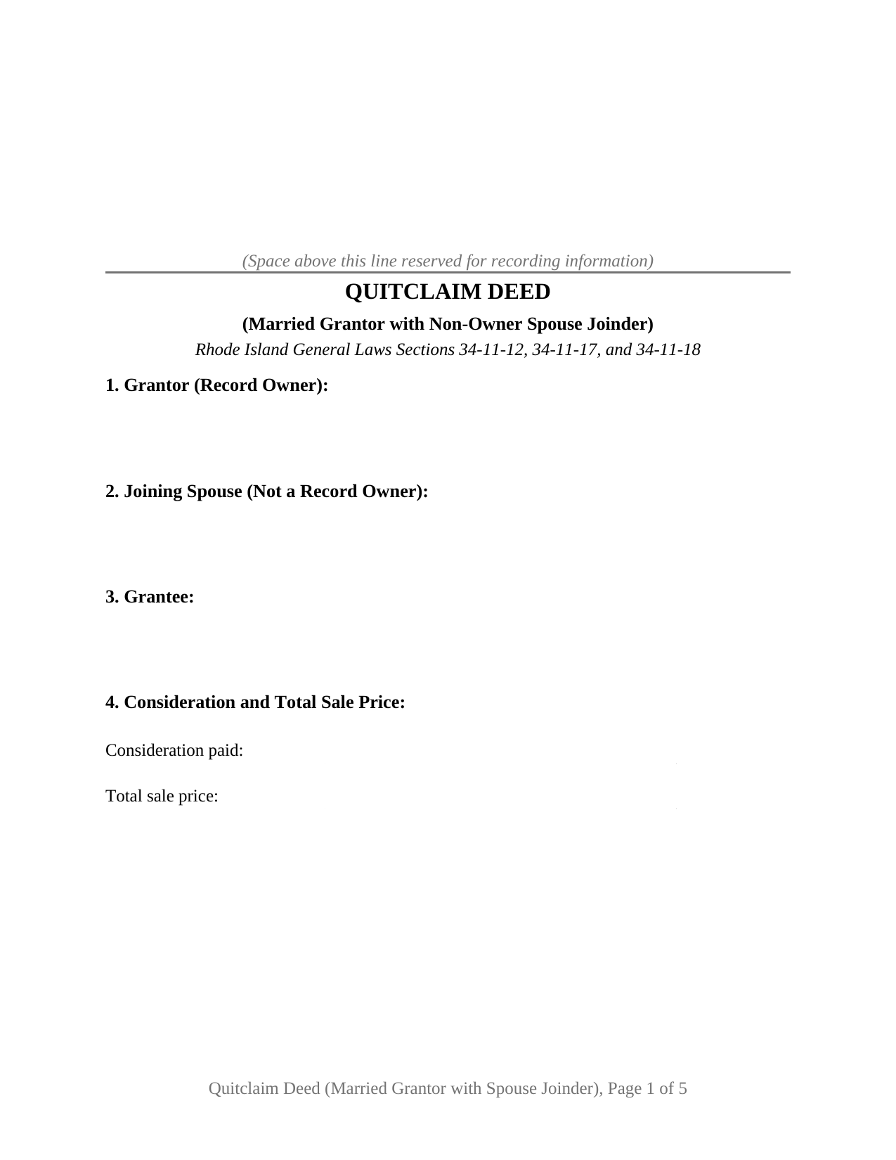 Providence County Quitclaim Deed (Married Grantor with Non-Owner Spouse Joinder) Form
