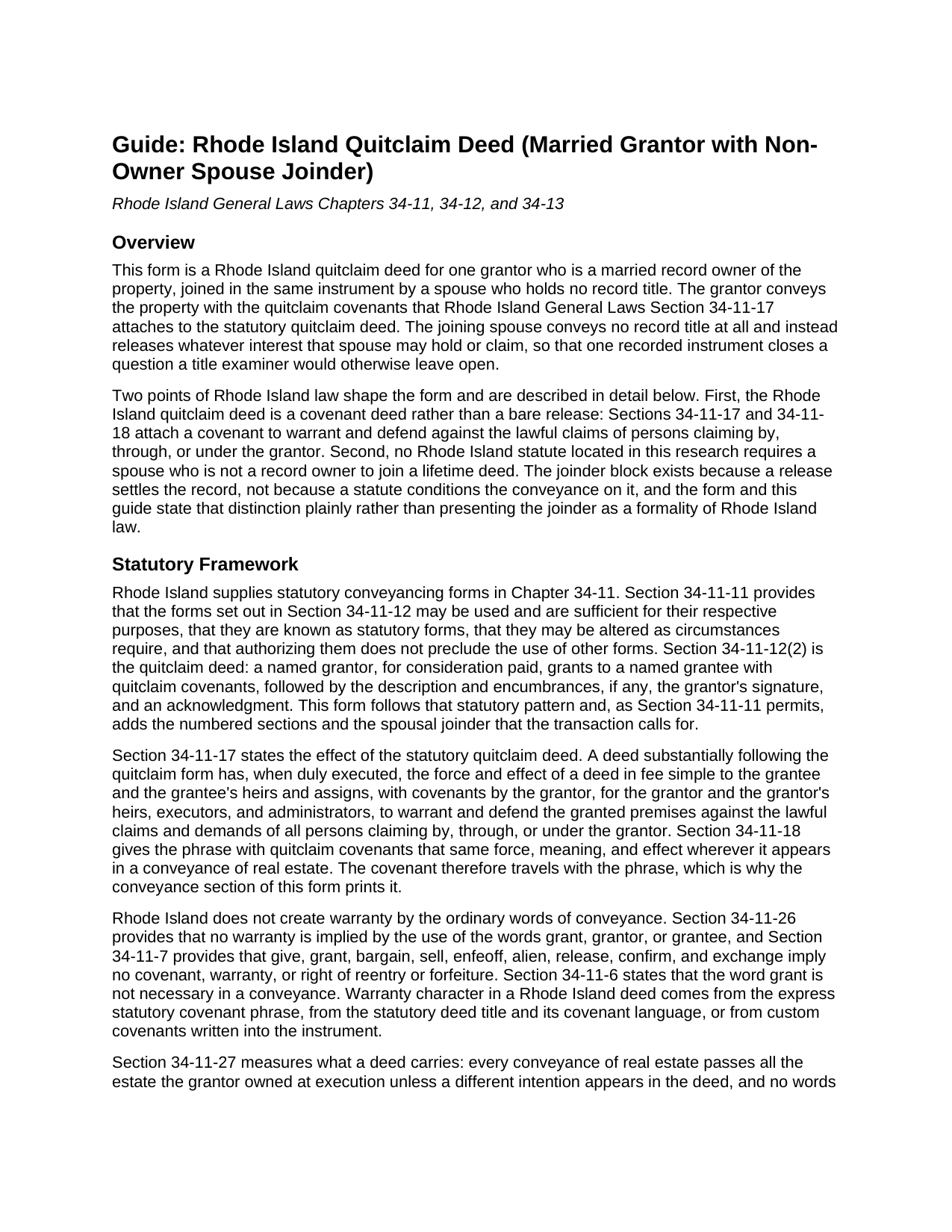 Providence County Quitclaim Deed (Married Grantor with Non-Owner Spouse Joinder) Guide